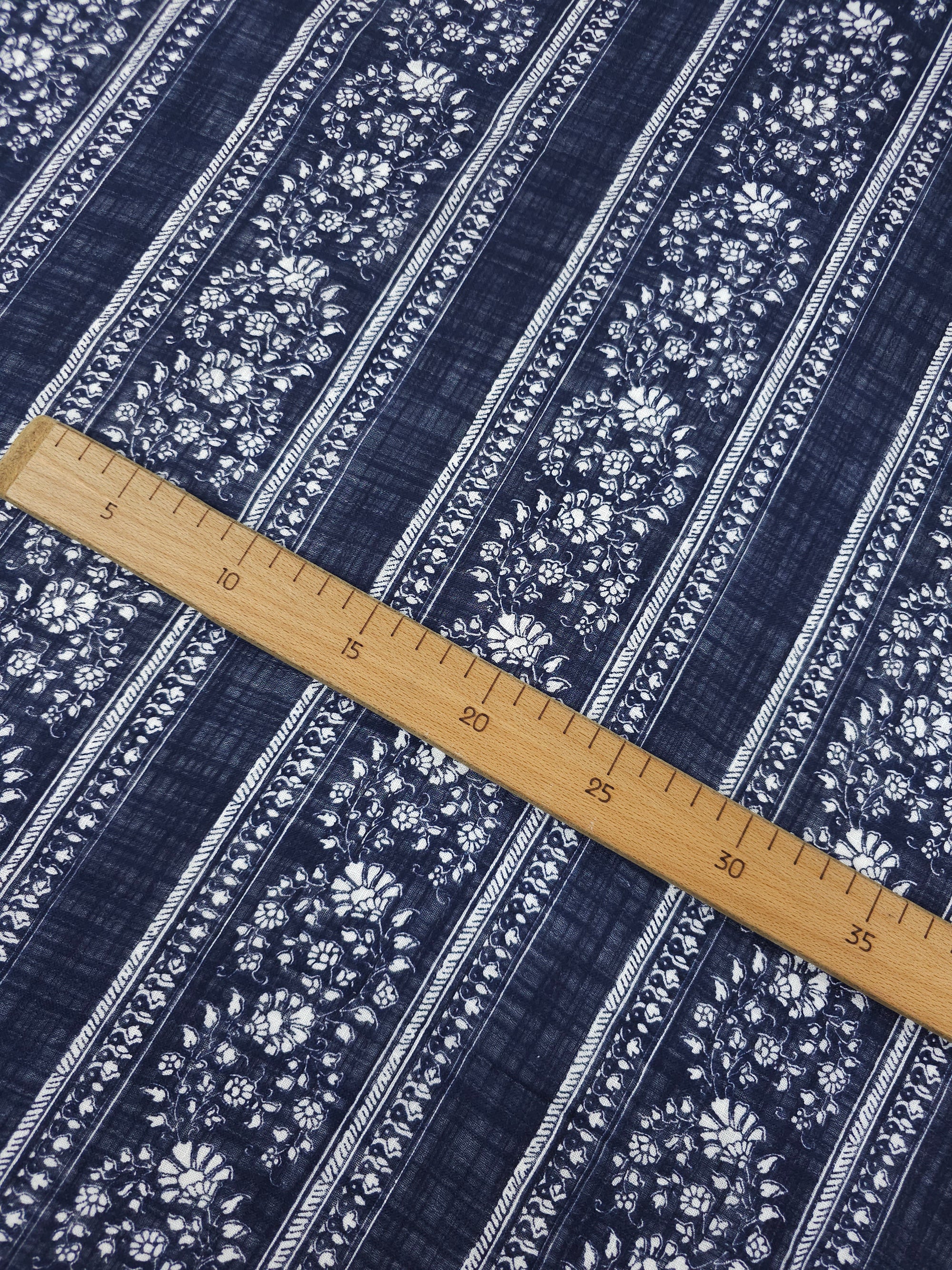 Navy Floral Stripe Cotton Flax