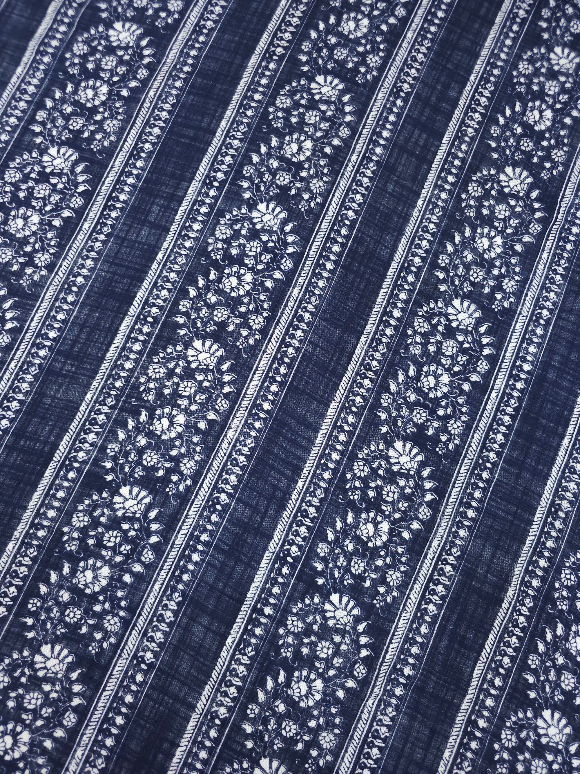 Navy Floral Stripe Cotton Flax