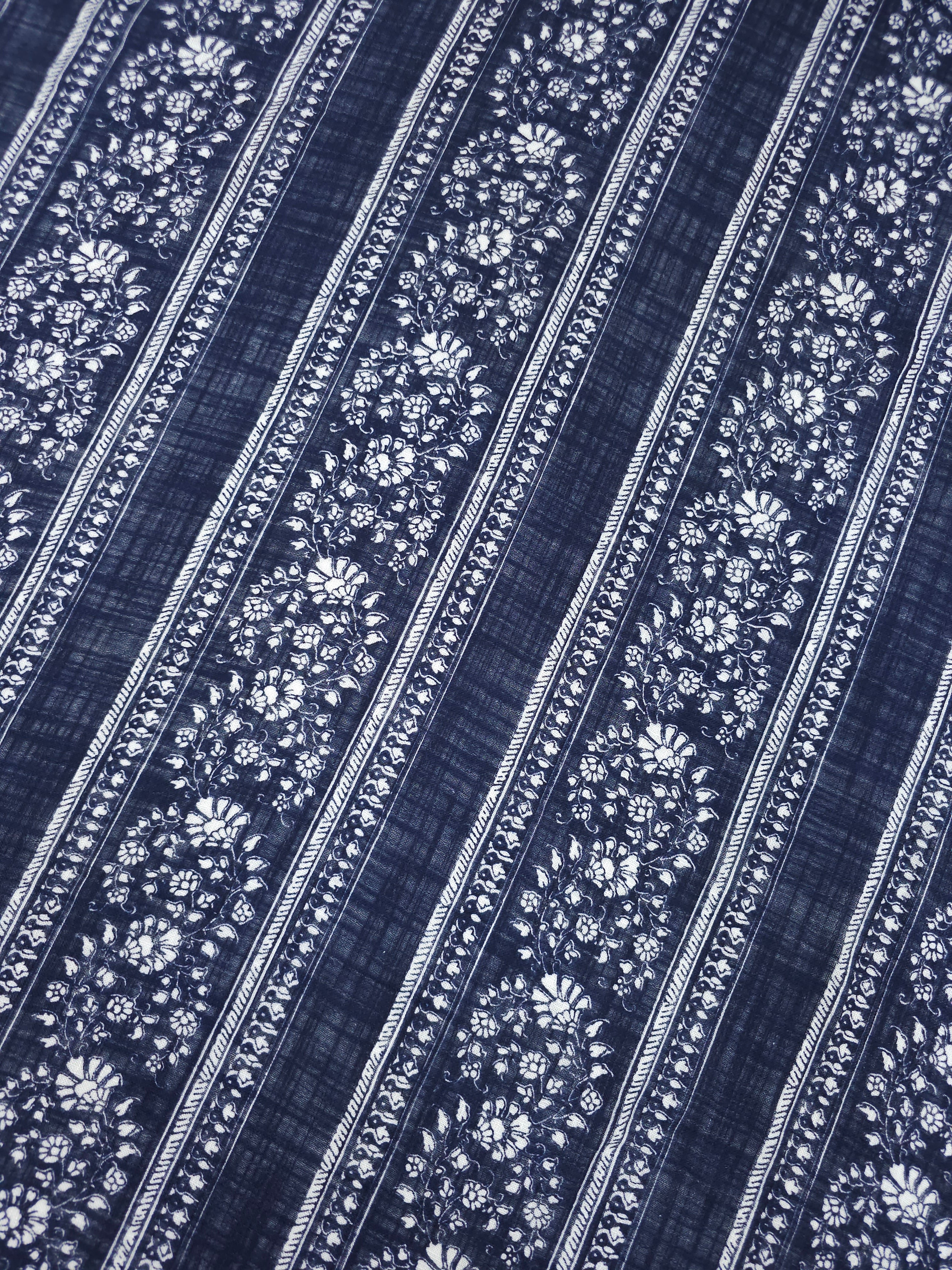 Navy Floral Stripe Cotton Flax *DEFECT*