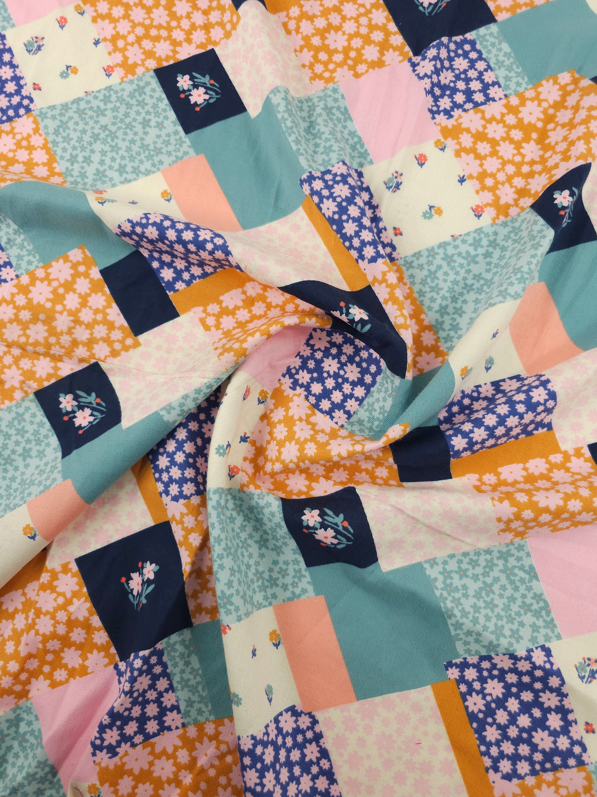 Soft Teal/Pink Patchwork Cotton Viscose