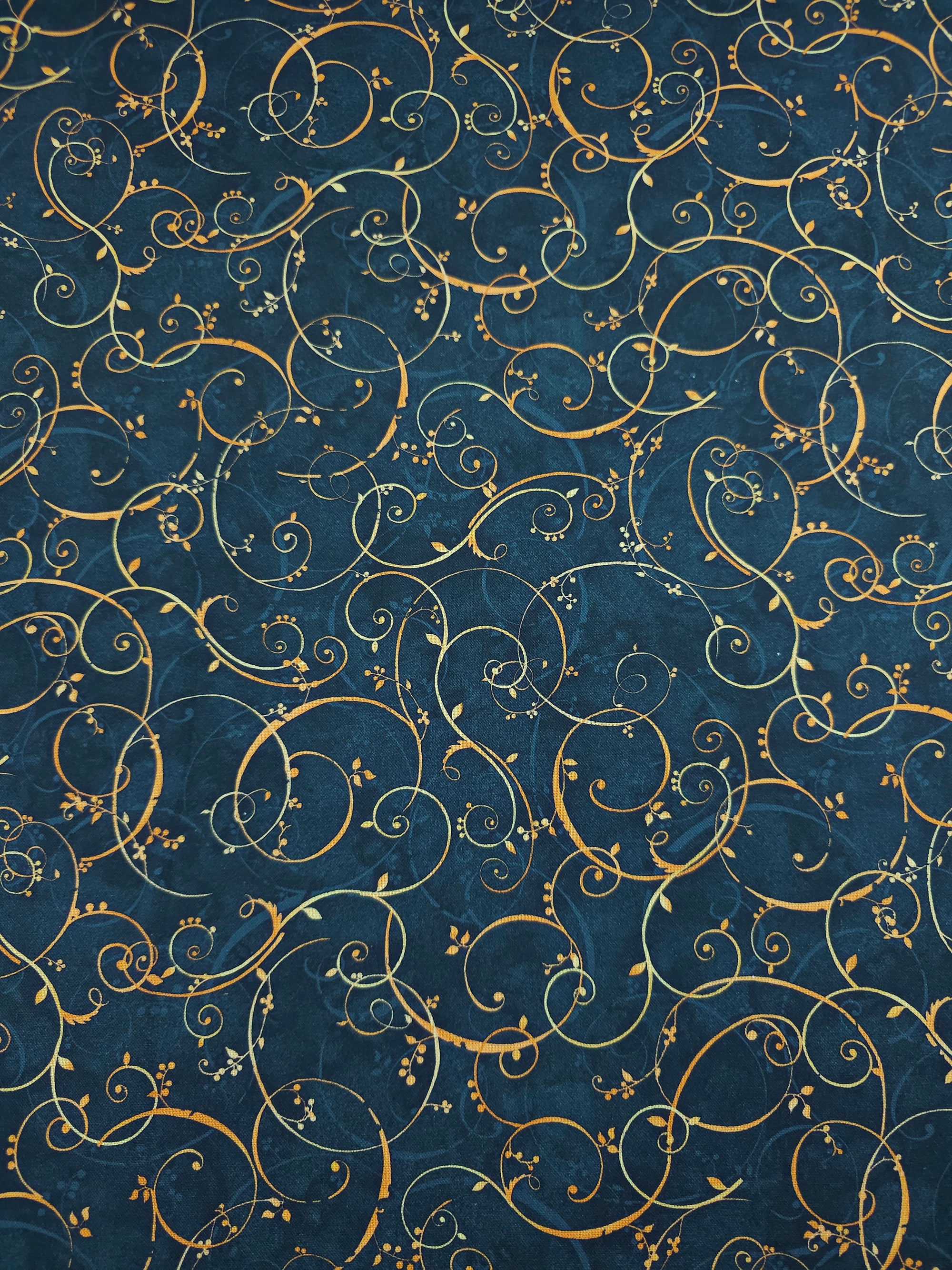 Petrol Navy/Marigold Elegant Swirl Vine 100% Cotton