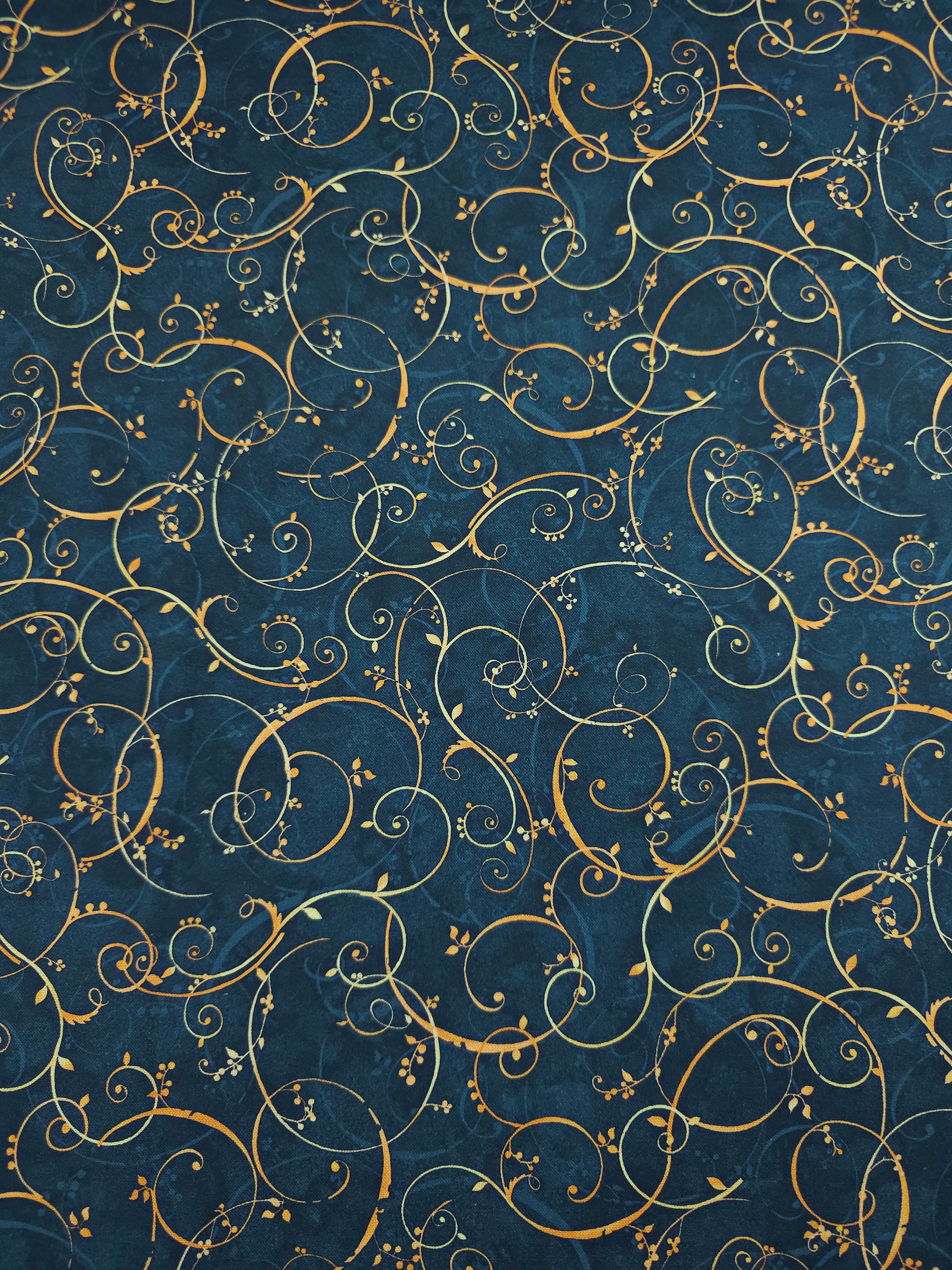 Petrol Navy/Marigold Elegant Swirl Vine 100% Cotton