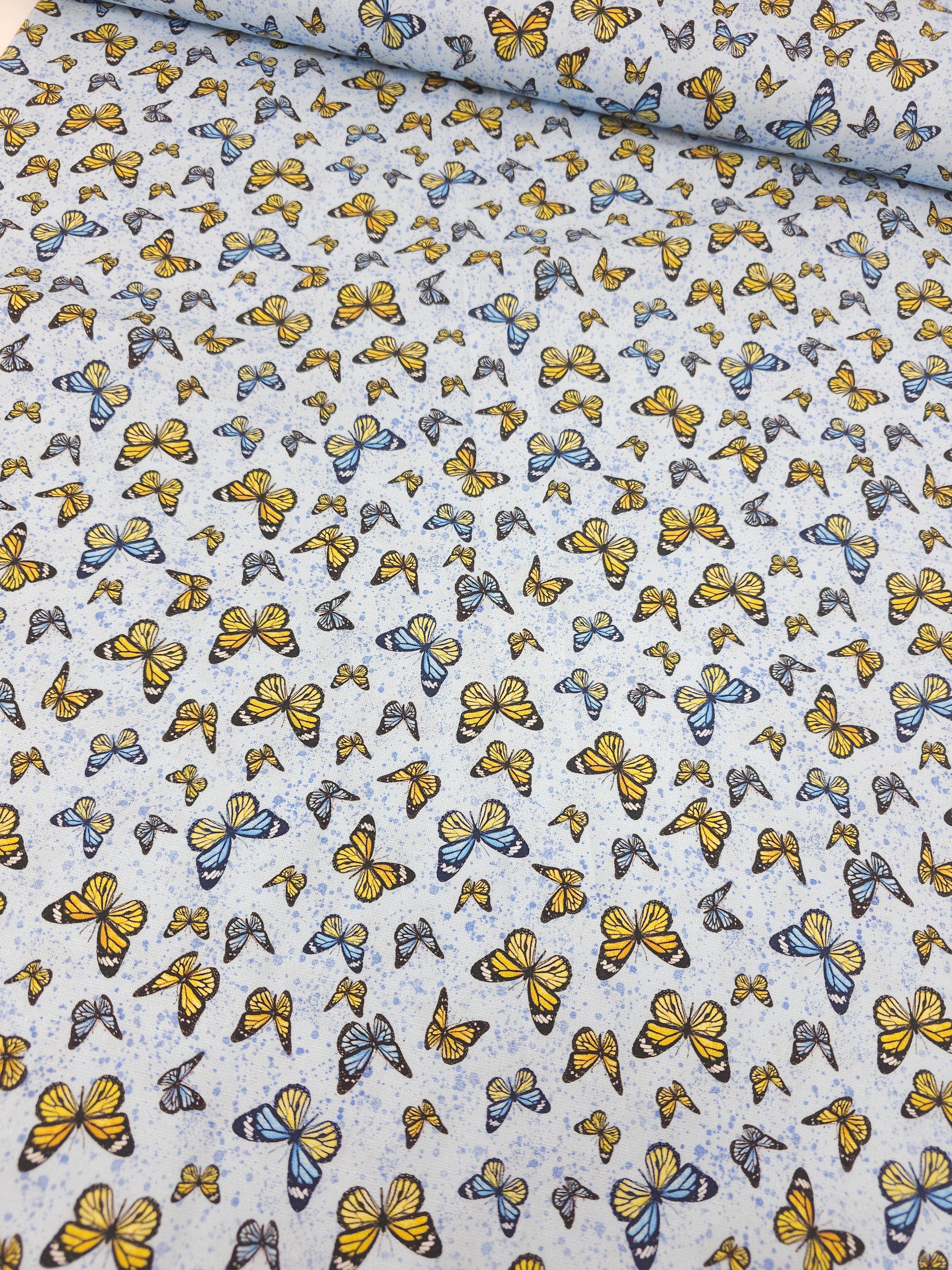 Blue/Yellow Retro Butterflies 100% Cotton