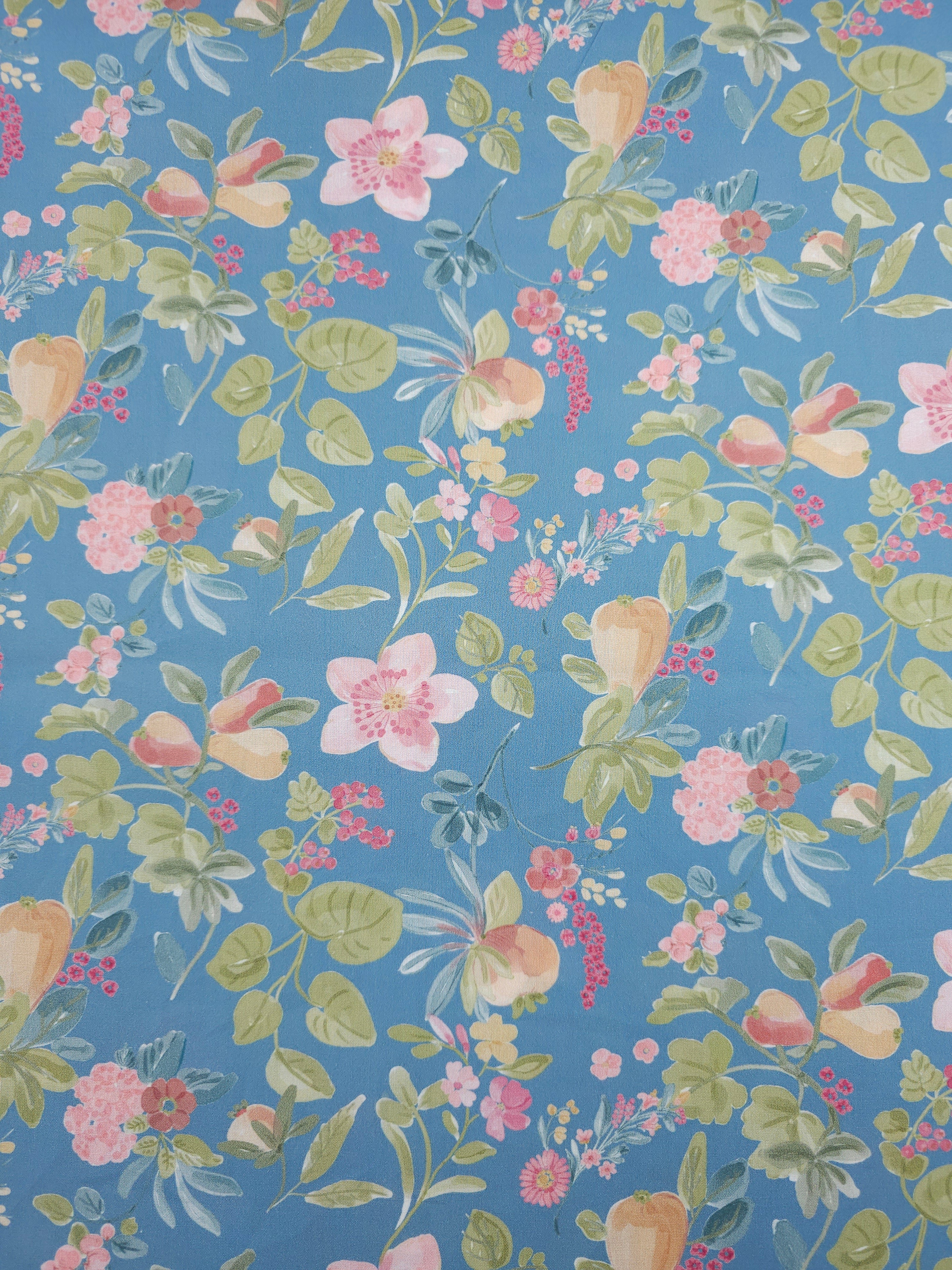 Powder Blue Floral Fruit Lightweight Cotton 57"