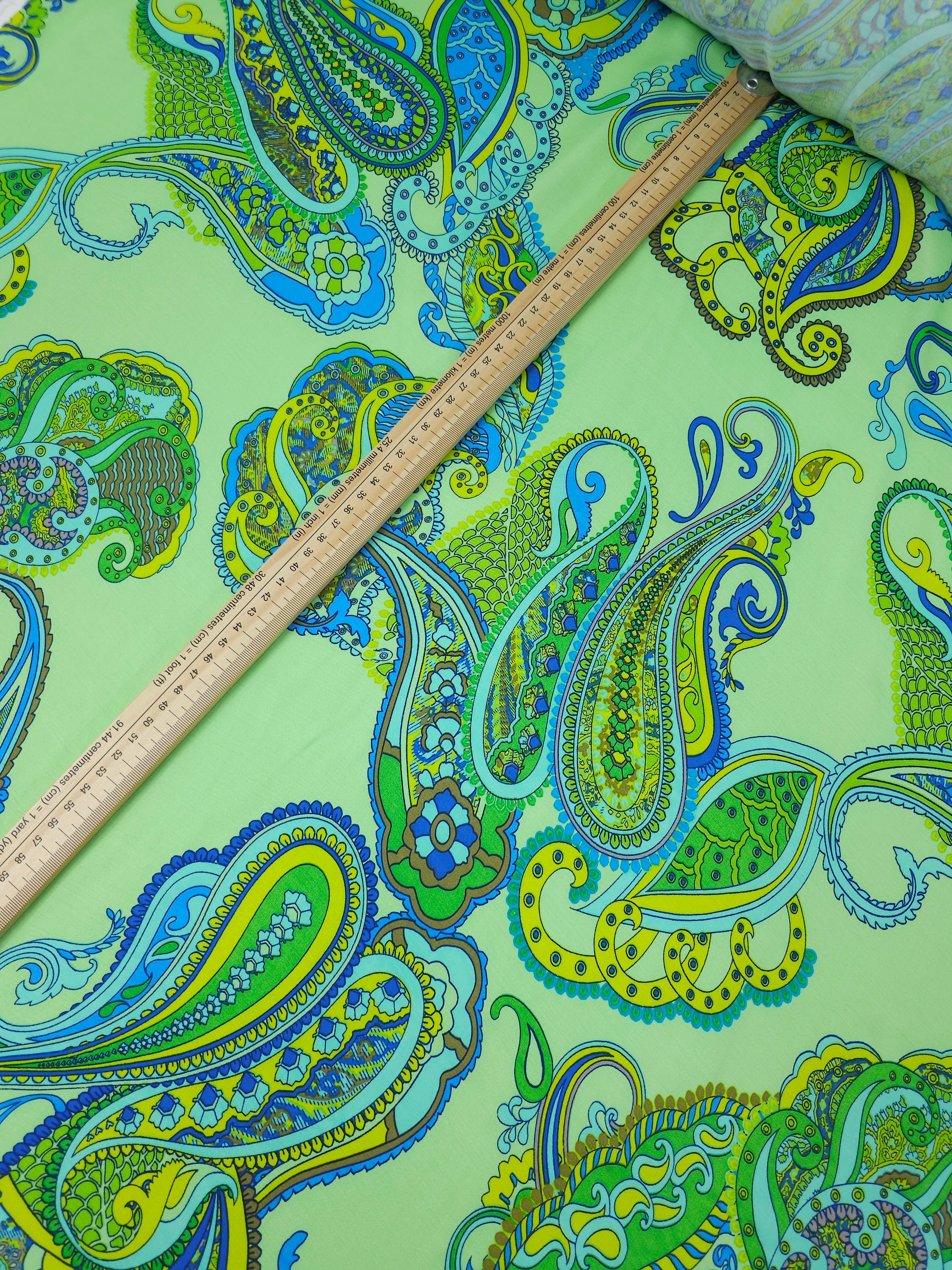 Lime Green/Blue Paisley Viscose Satin