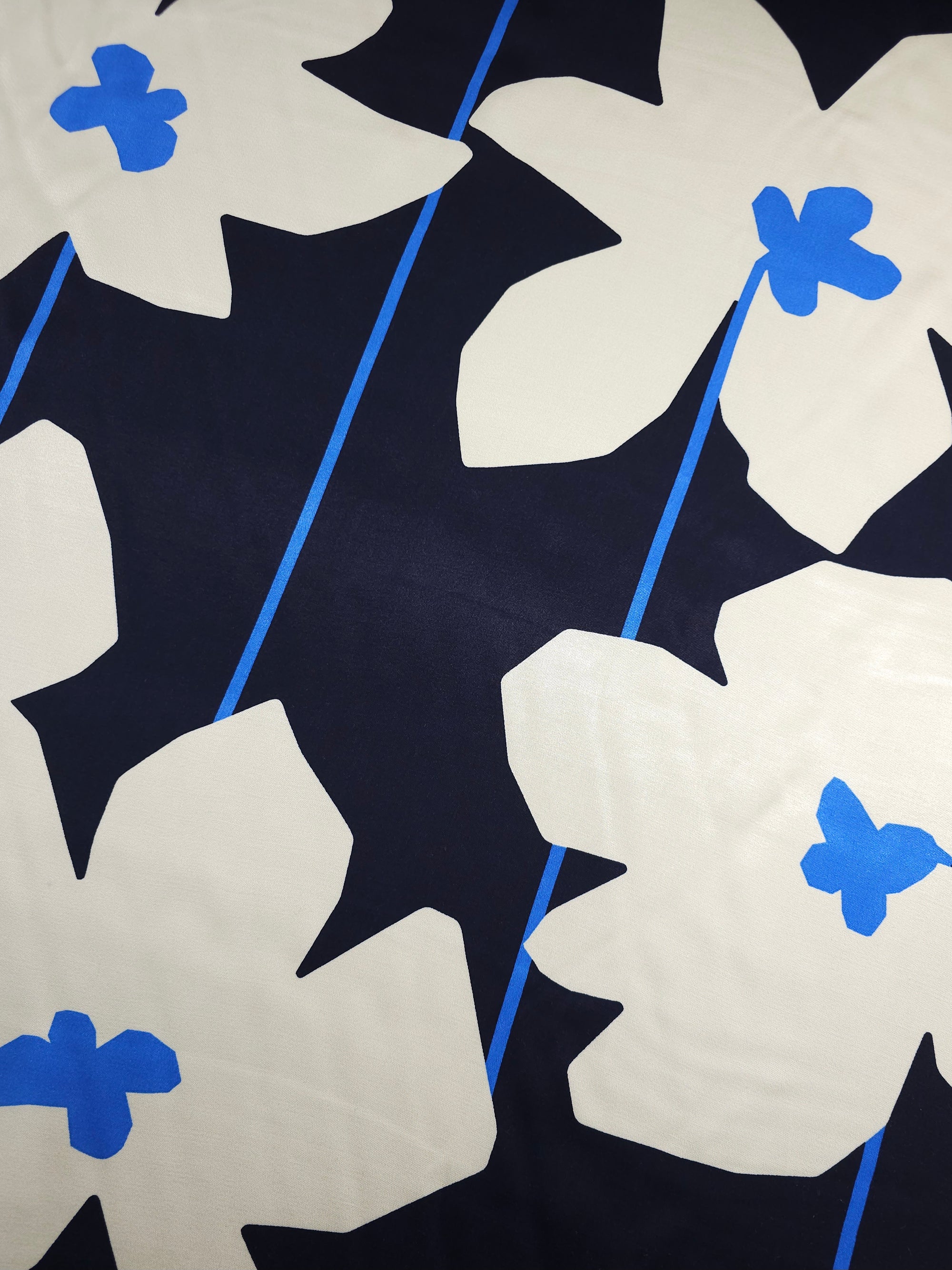 Navy Large Flower Stem Viscose Satin