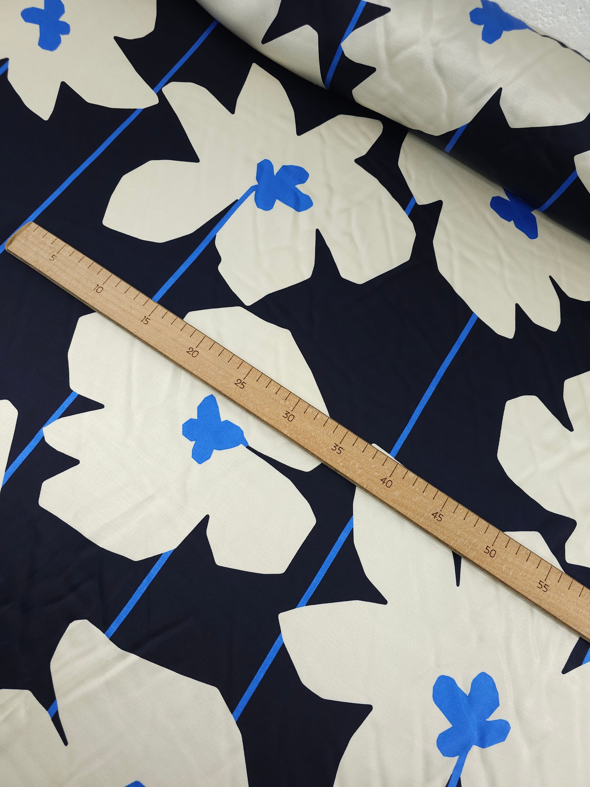 Navy Large Flower Stem Viscose Satin