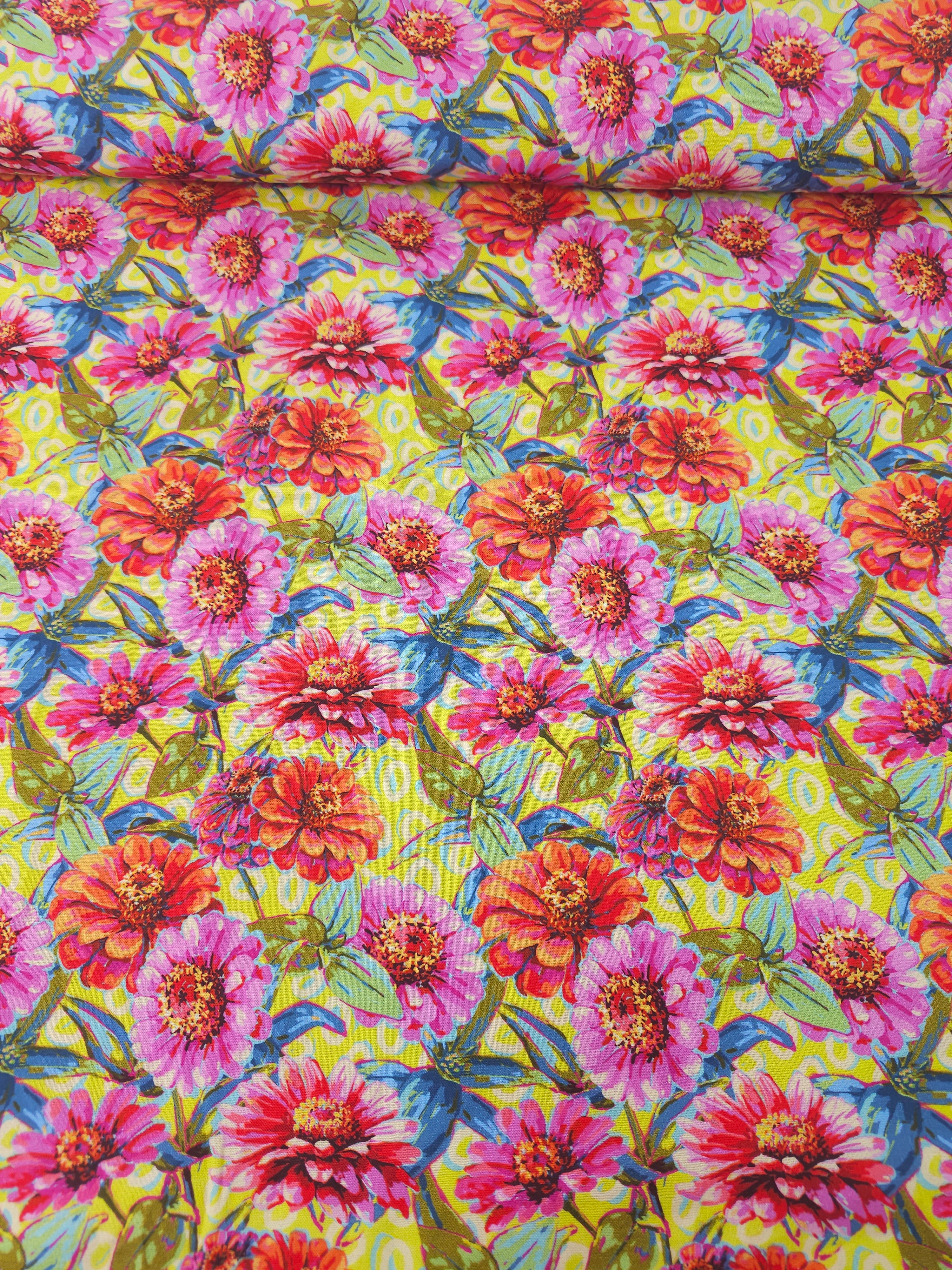 Yellow Vibrant Giant Zinnias Floral 100% Cotton - Odile Bailloeul