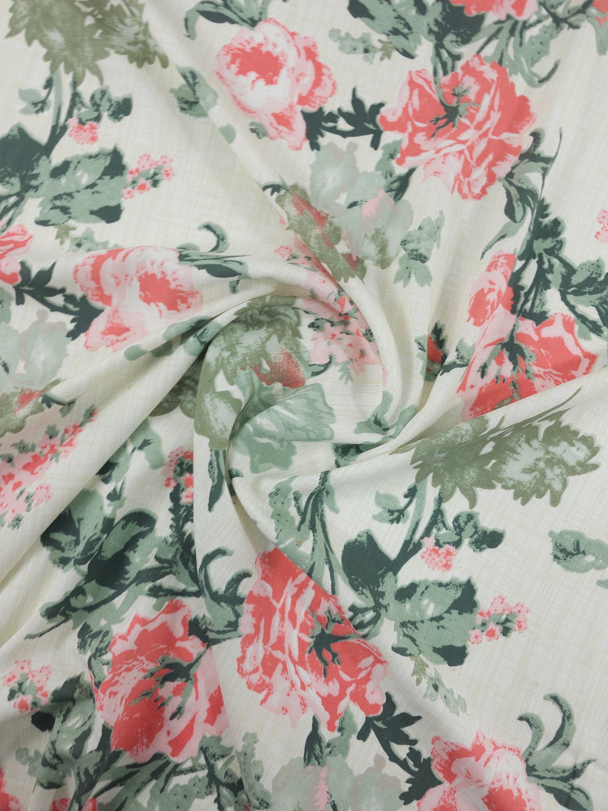 Retro Coral Rose Floral Viscose Challis