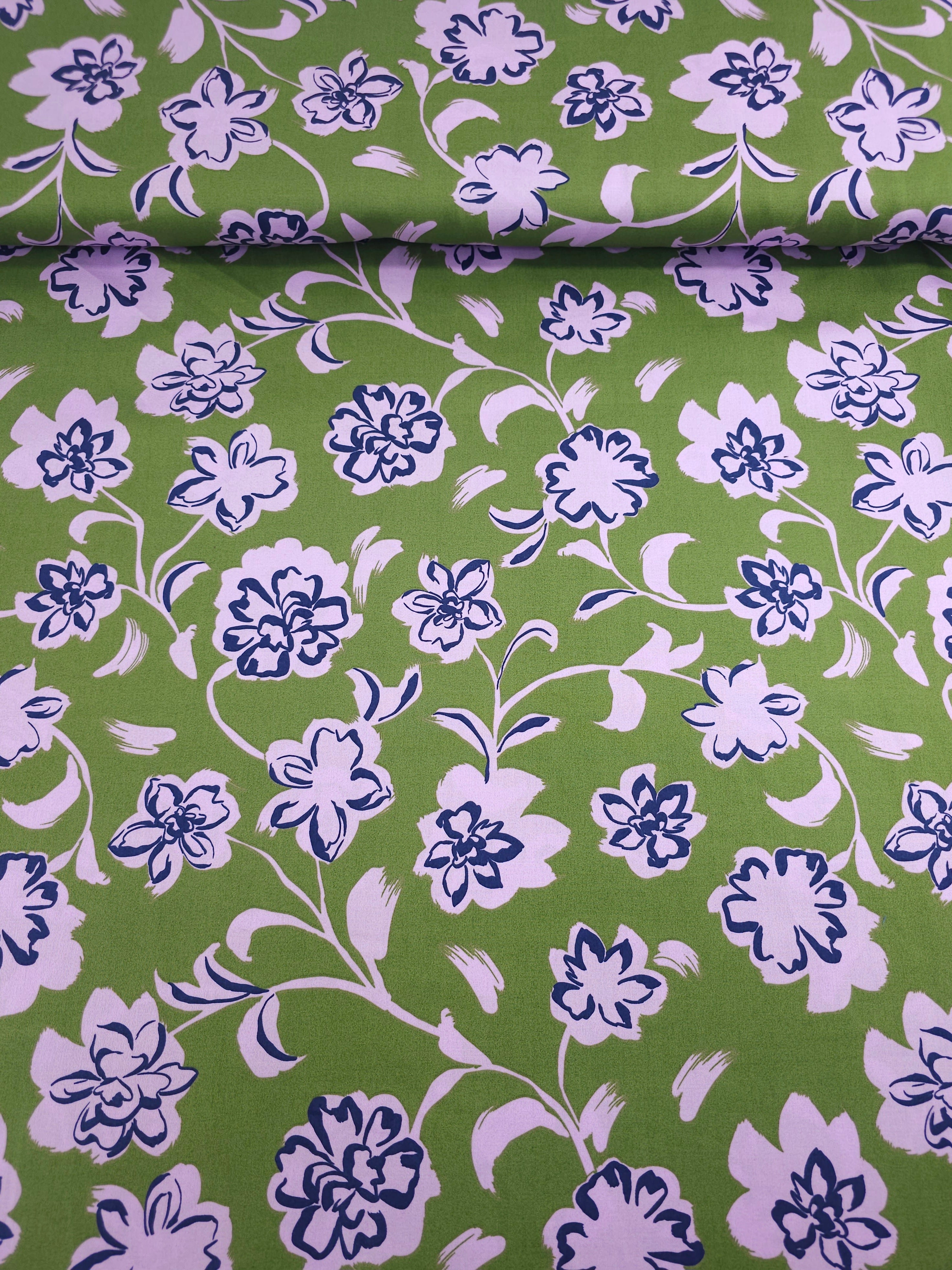 Green/Lilac Bordeaux Floral Cotton Sateen 57"