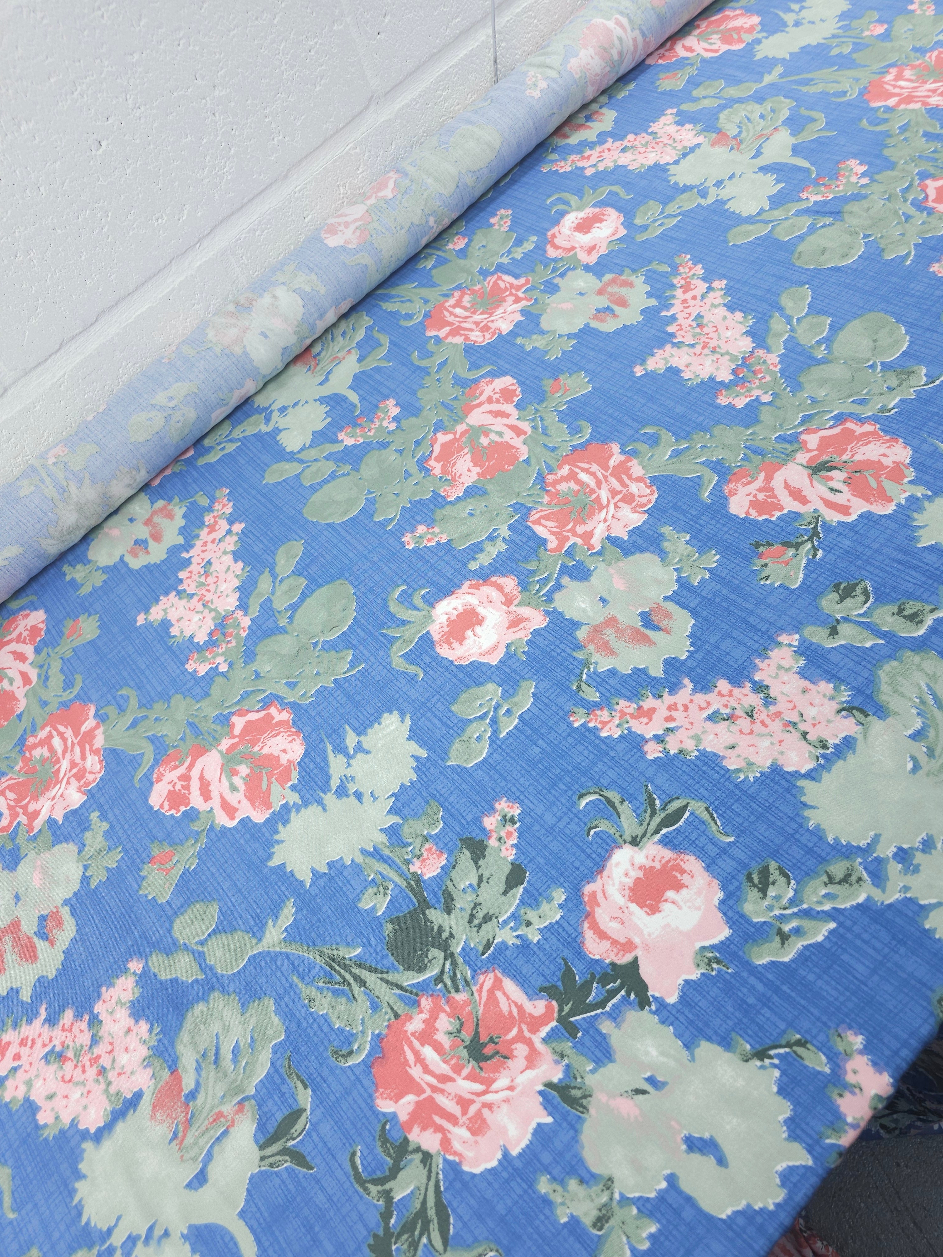 Soft Blue/Coral Rose Bunch Viscose Challis