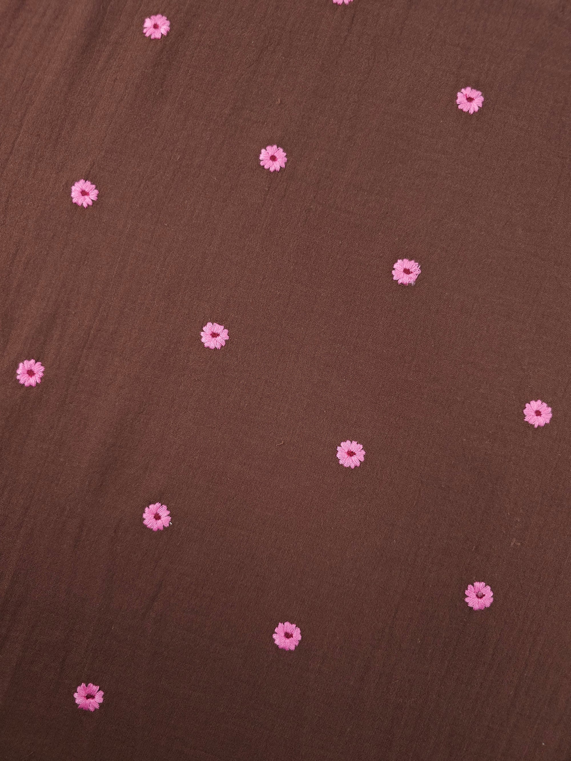 Brown/Fuchsia Daisy Double Gauze Broderie Anglaise
