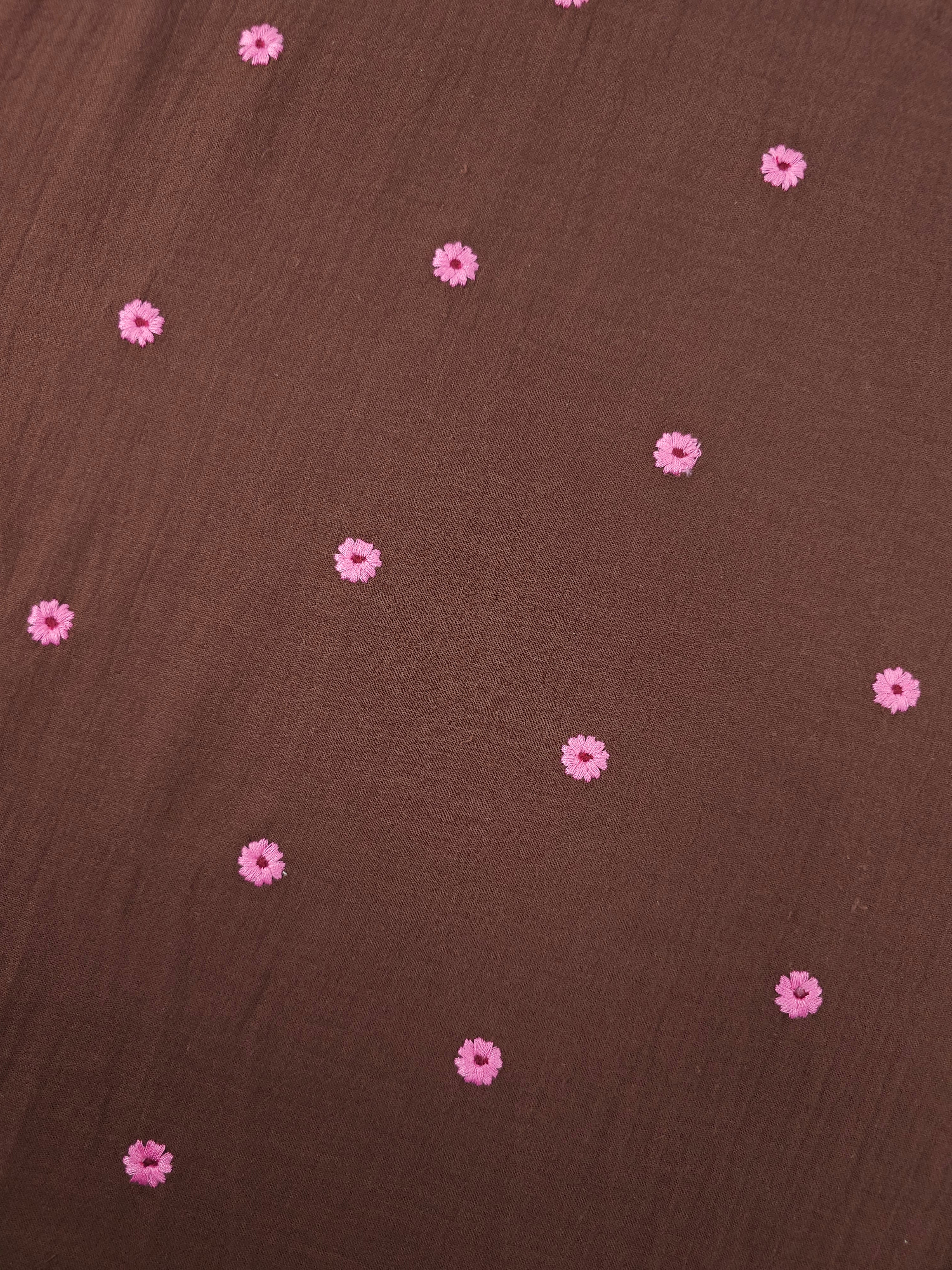 Brown/Fuchsia Daisy Double Gauze Broderie Anglaise