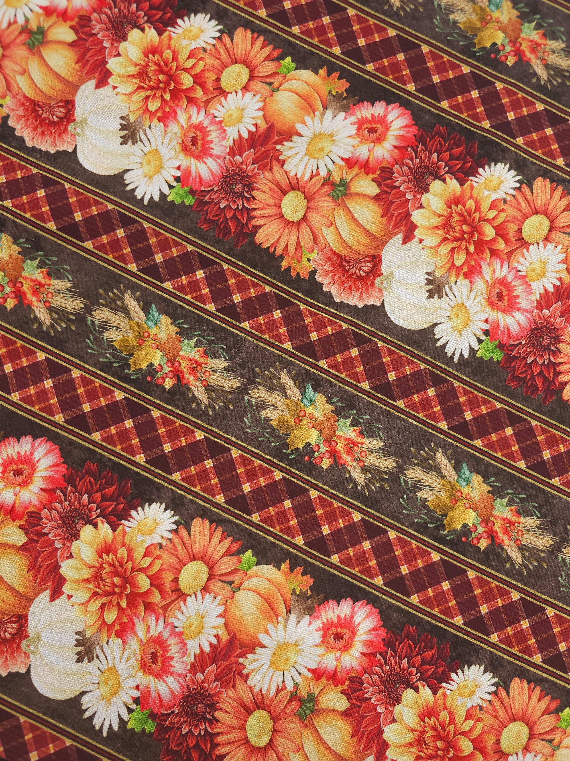 Pumpkin Floral Border Stripe 100% Cotton