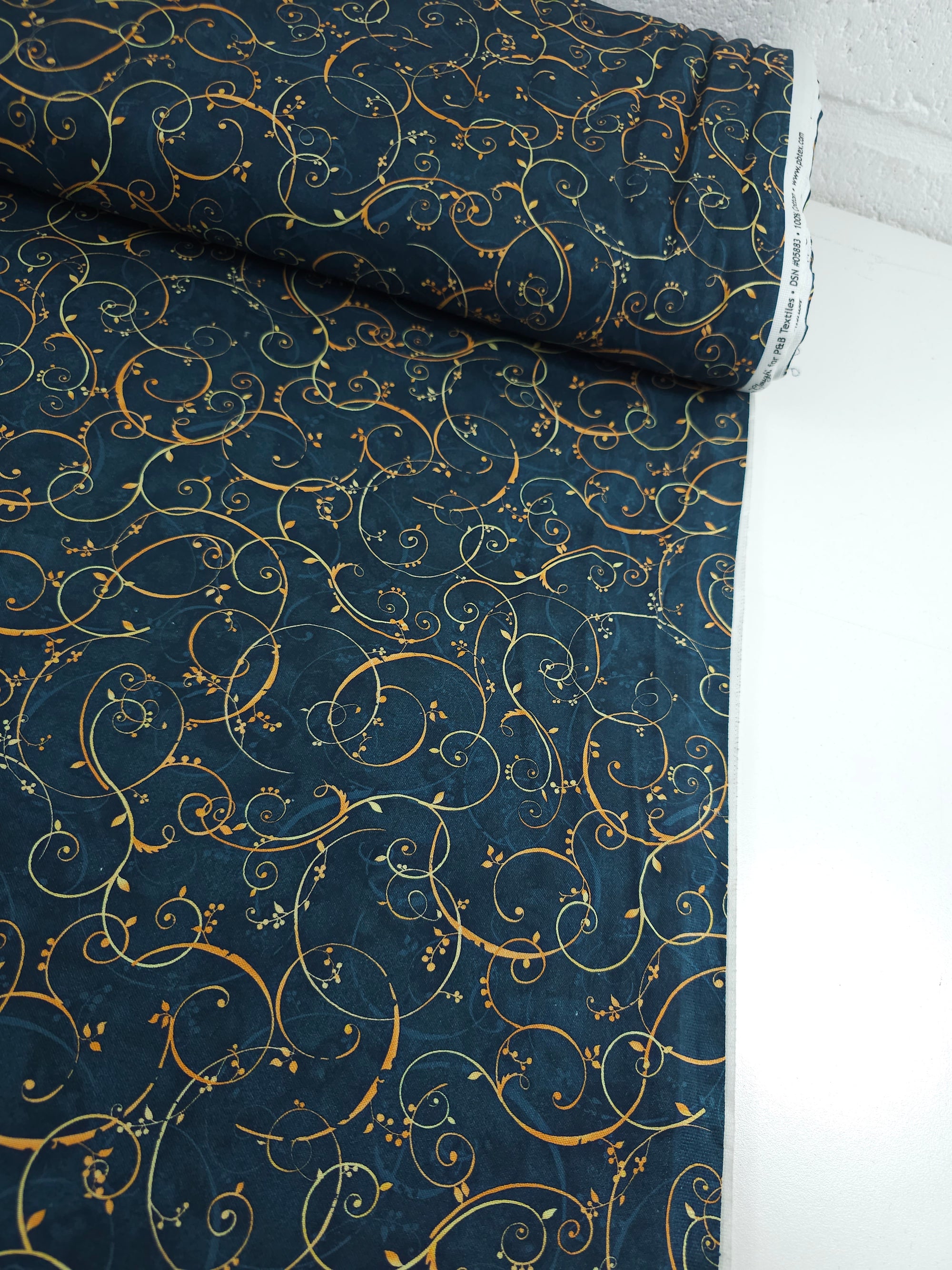 Petrol Navy/Marigold Elegant Swirl Vine 100% Cotton