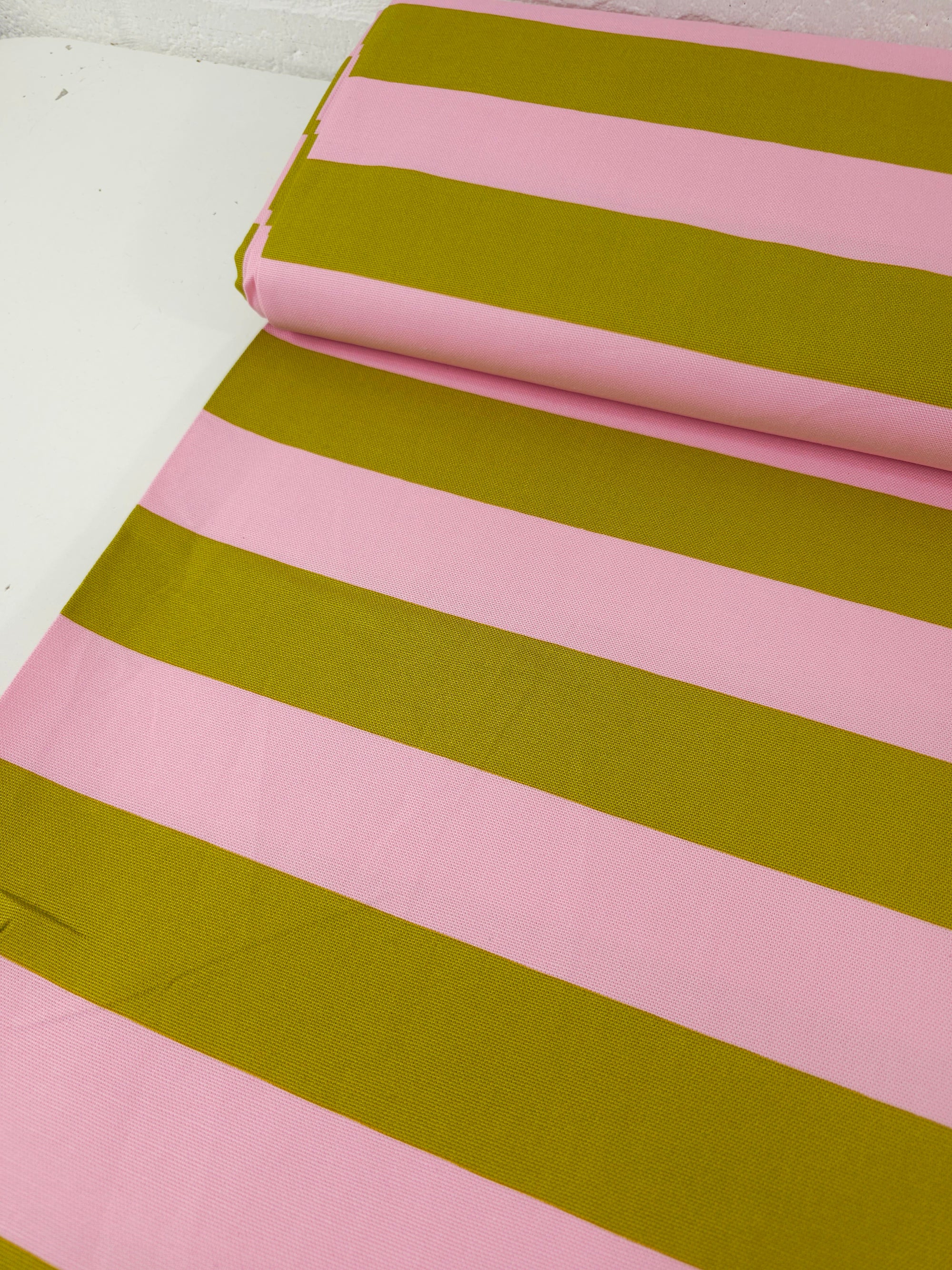 Pink/Mustard Green Block Stripe Lightweight Canvas Cotton