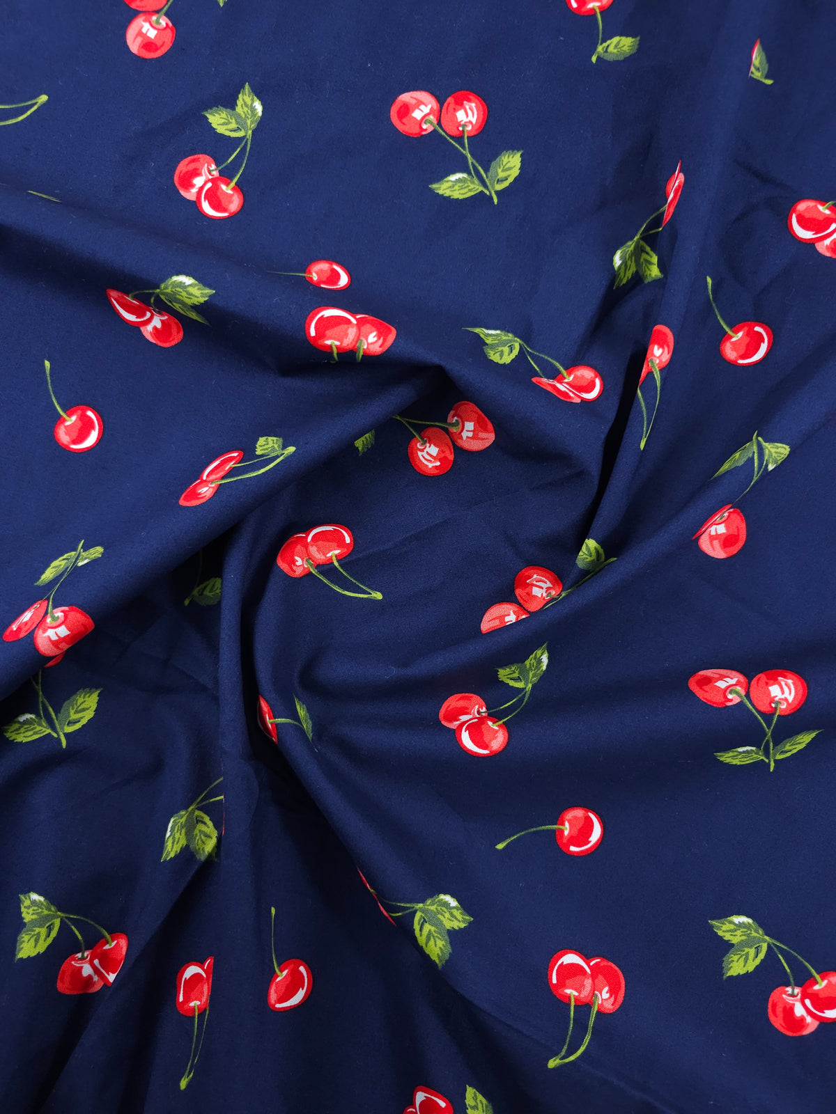 Navy/Red Tossed Cherries Cotton Poplin