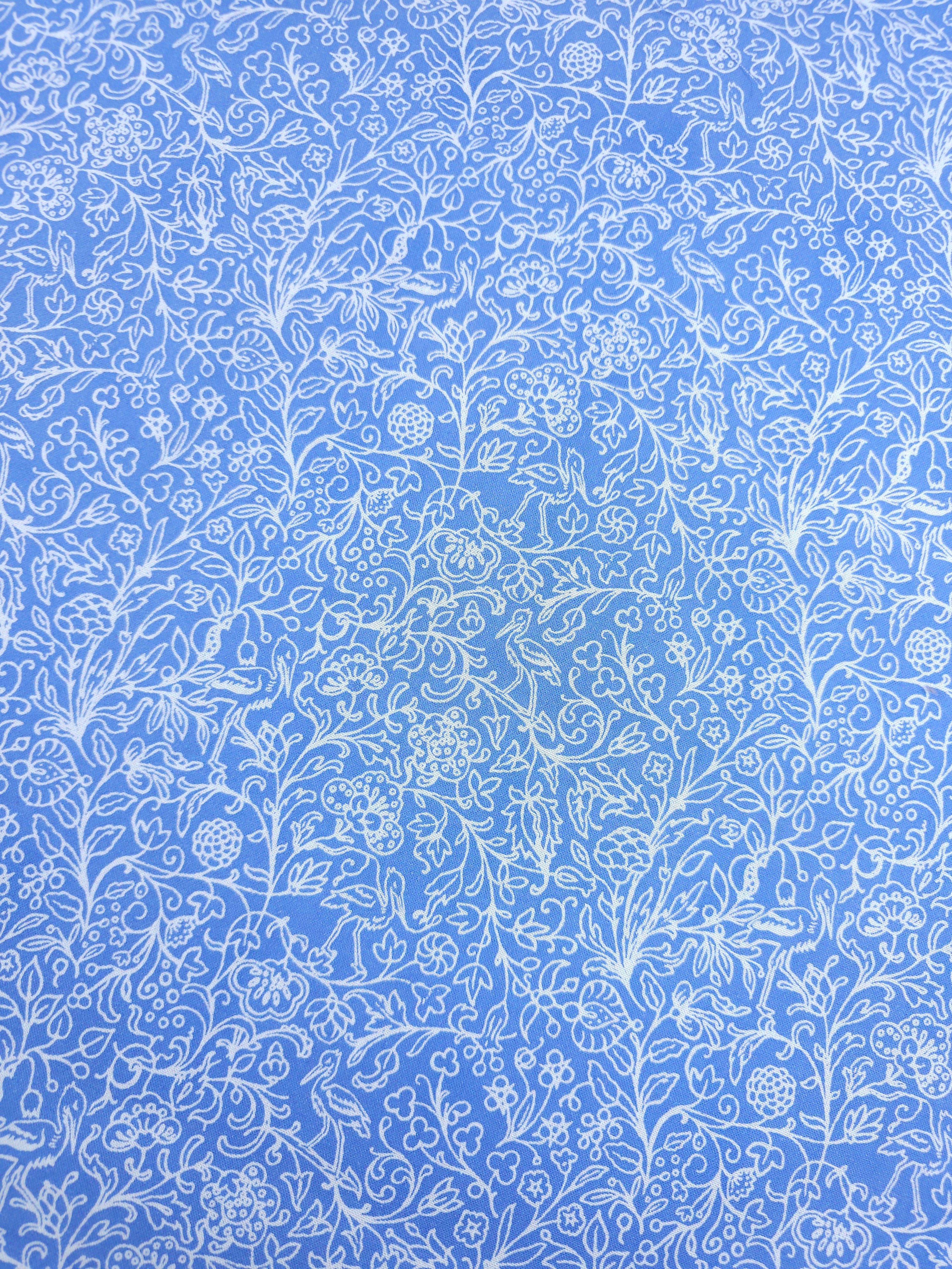 Soft Blue/White Bird Floral Sketch 100% Cotton