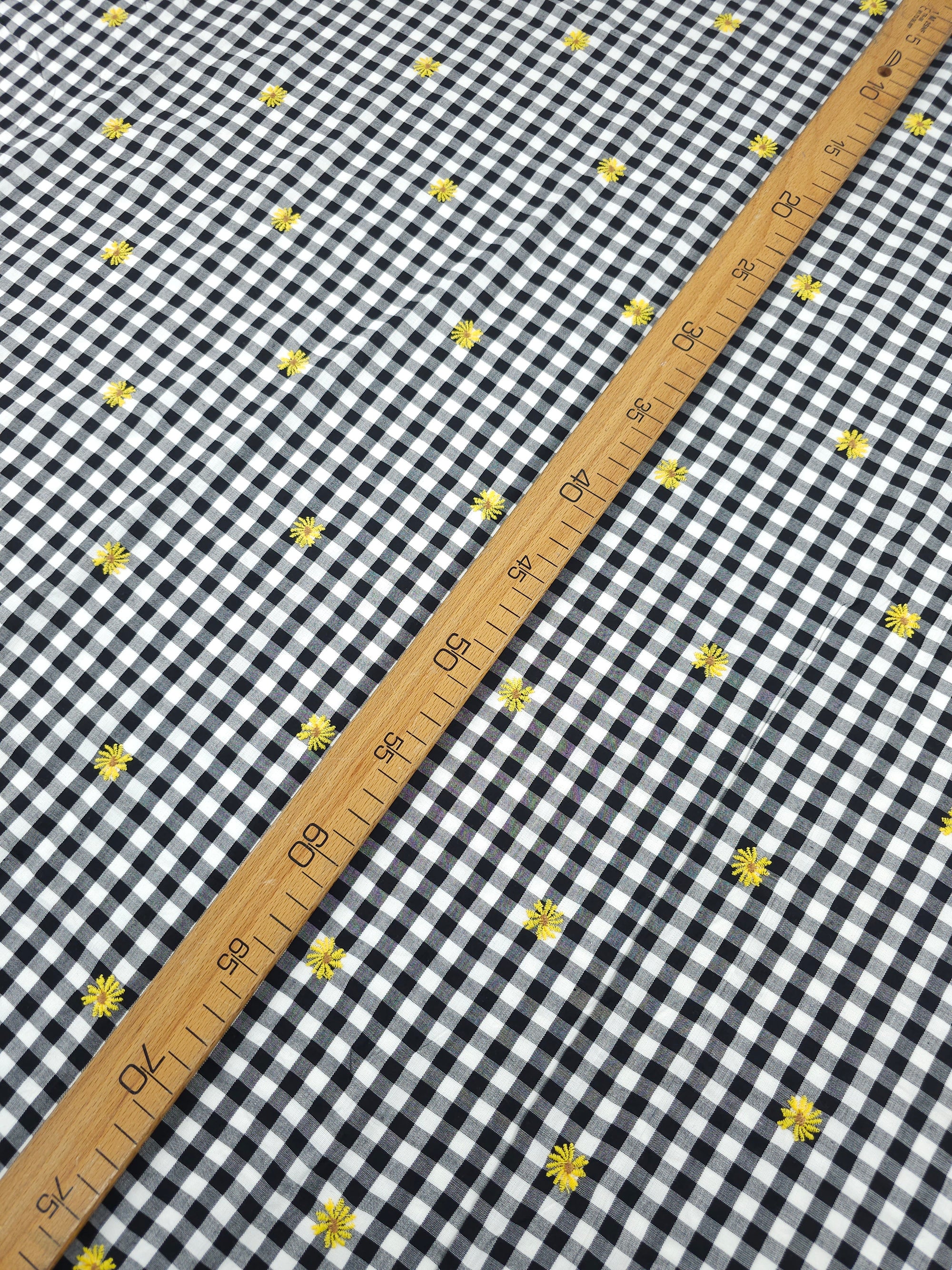 Black/Yellow Embroidered Daisy Gingham Lightweight Cotton