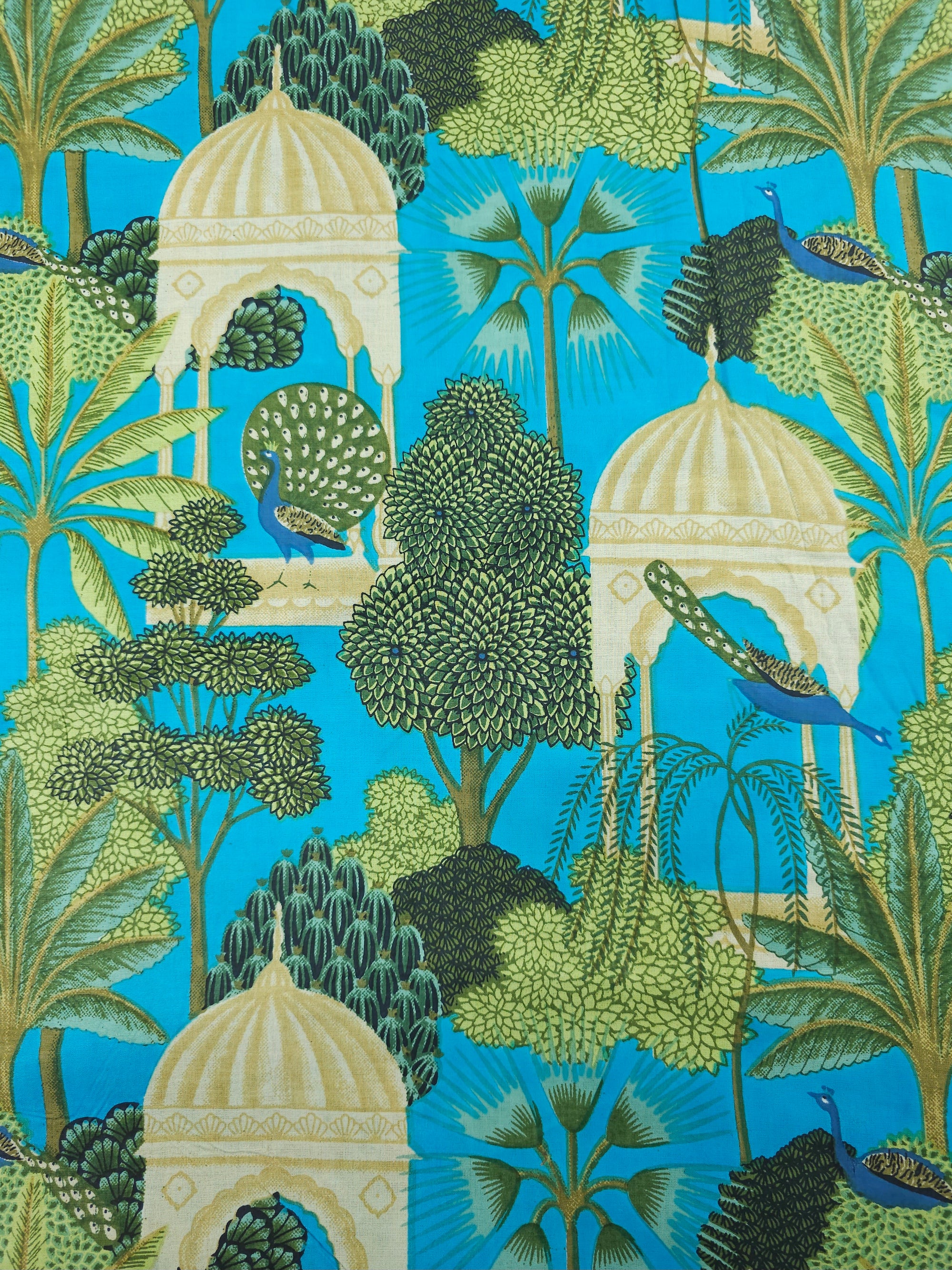 Turquoise Blue Peacock Pavilion Block Print Cotton