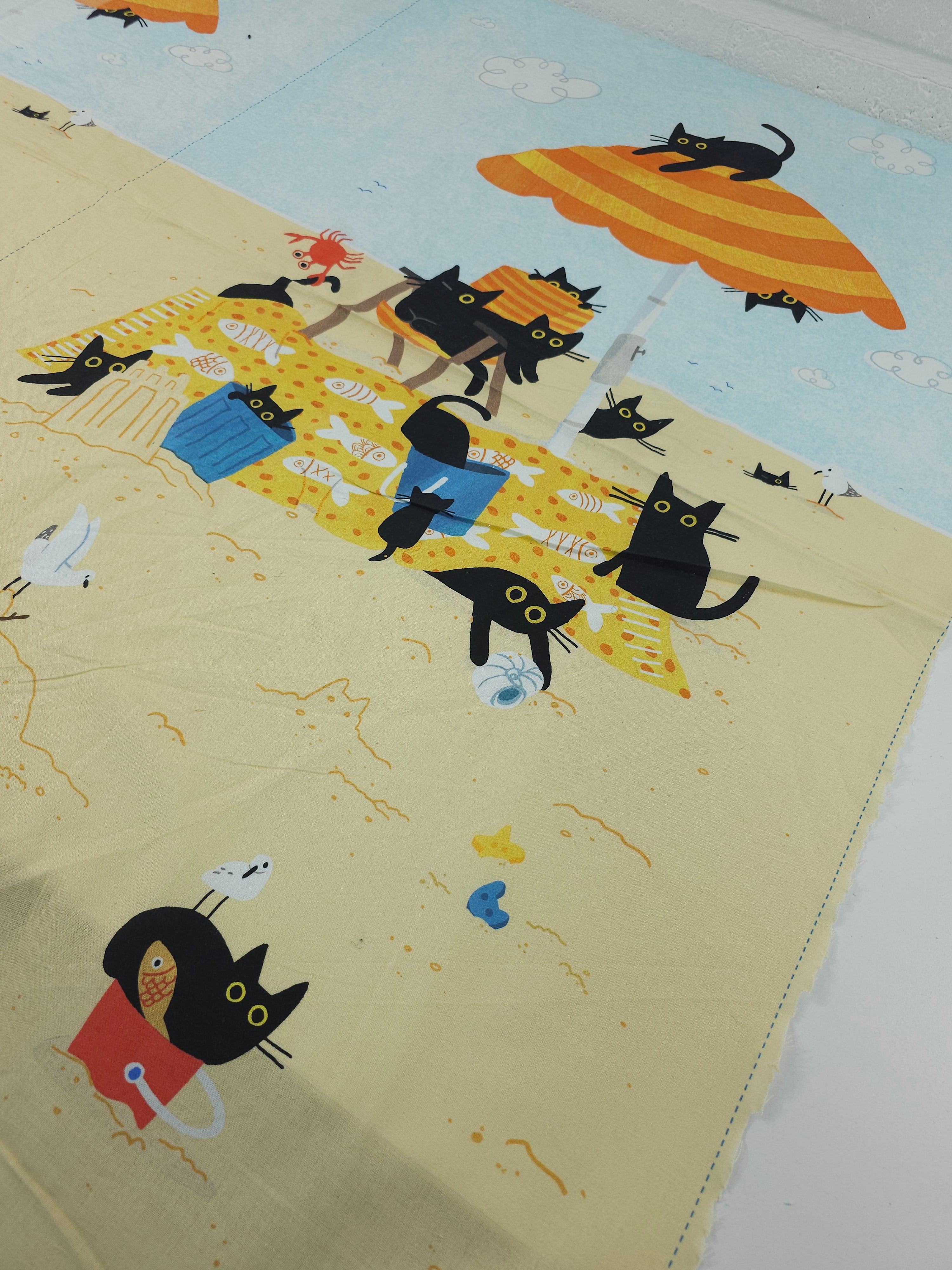 Cats On The Beach 100% Cotton - 60cm Panel