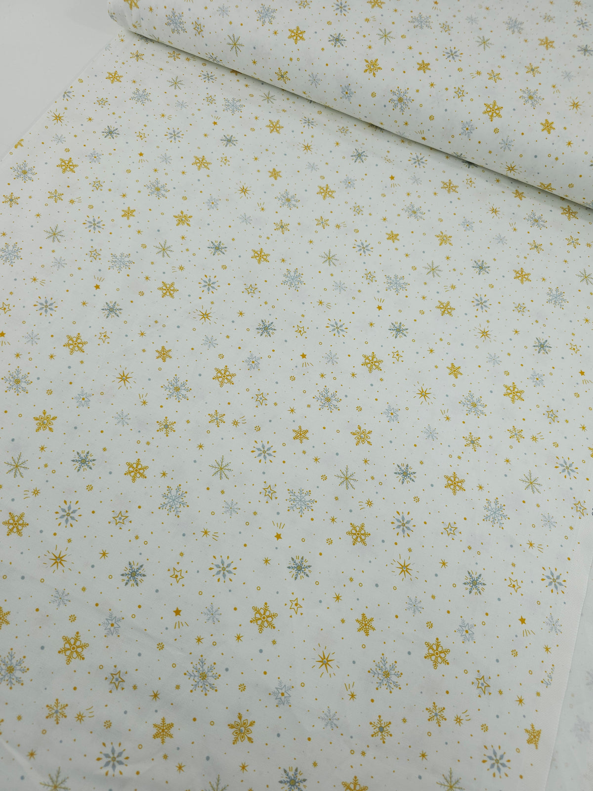 Grey/Gold Ditsy Snowflakes 100% Cotton