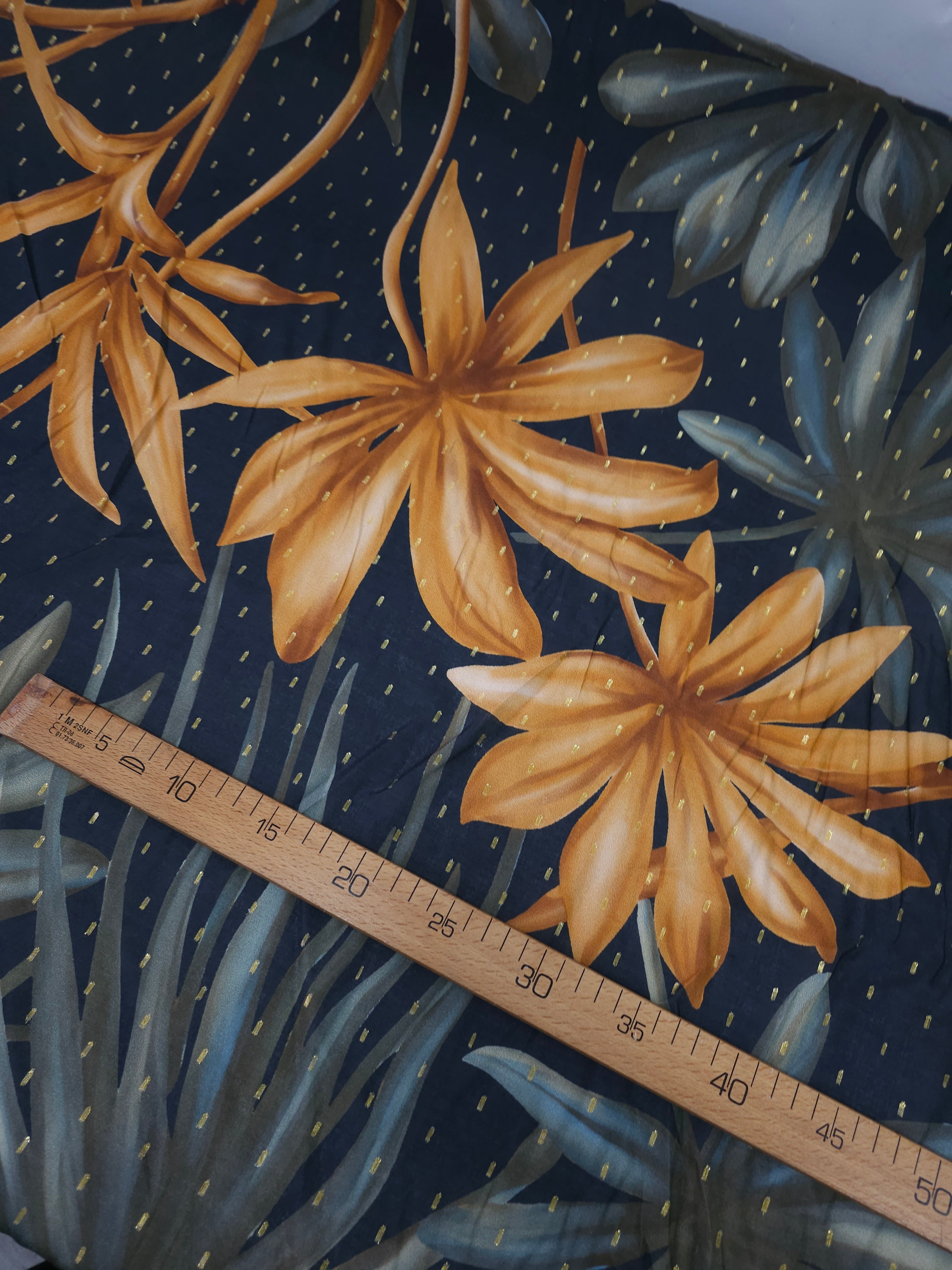 Navy Large Floral Twine Lurex Viscose