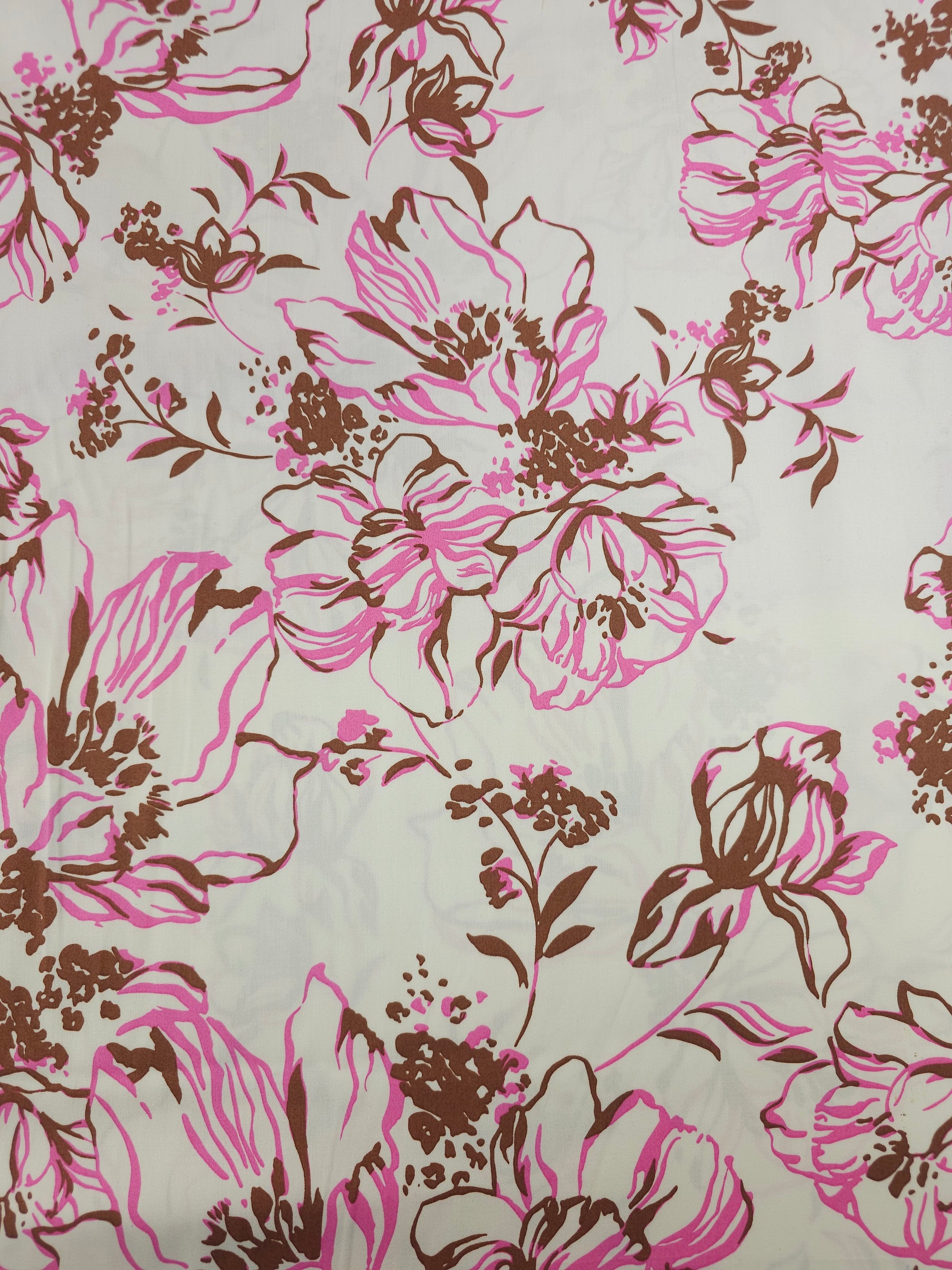 Fuchsia Pink/Brown Sketch Floral Cotton Satin 57"