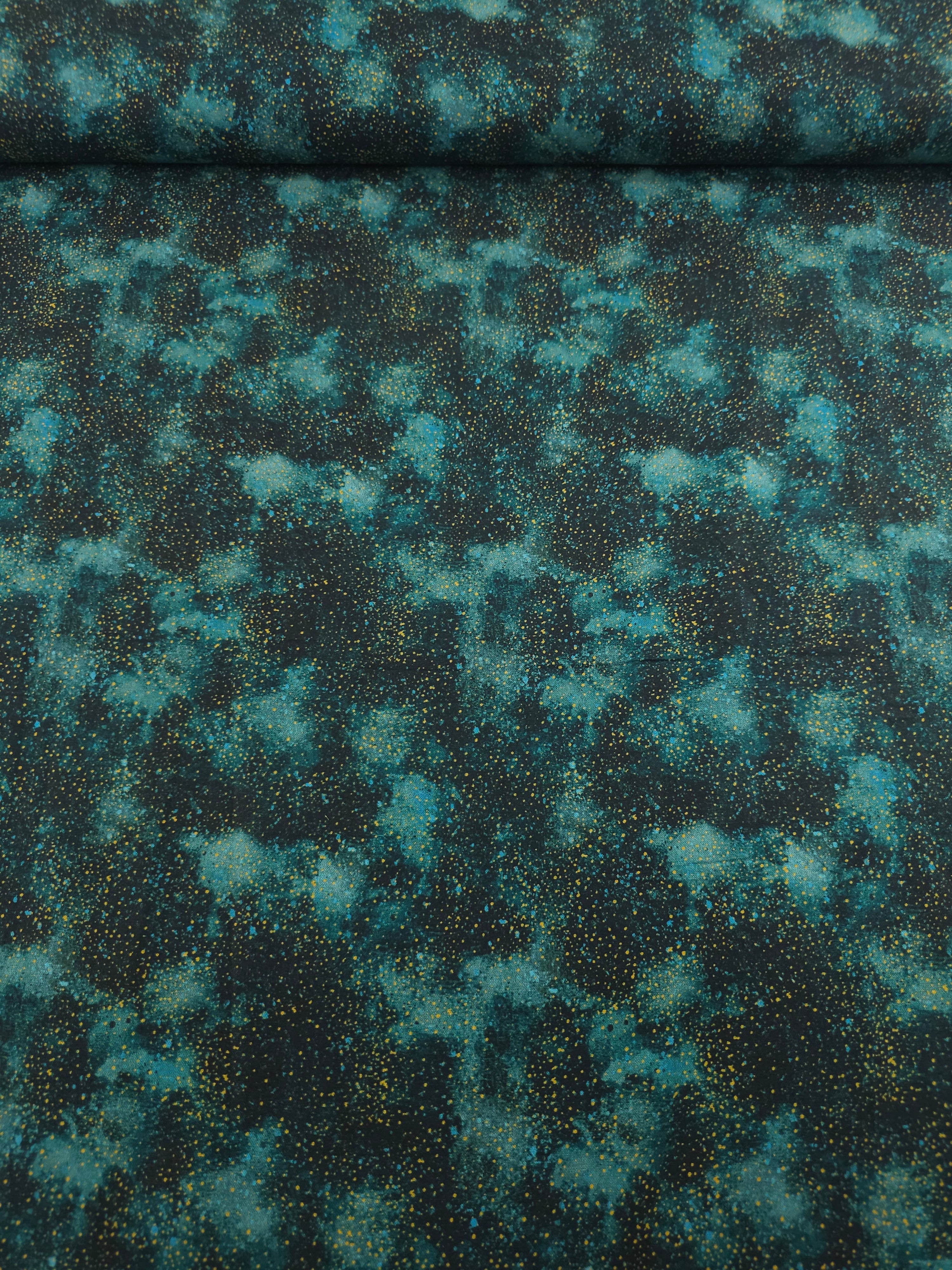 Teal/Gold Speckle Clouds 100% Cotton