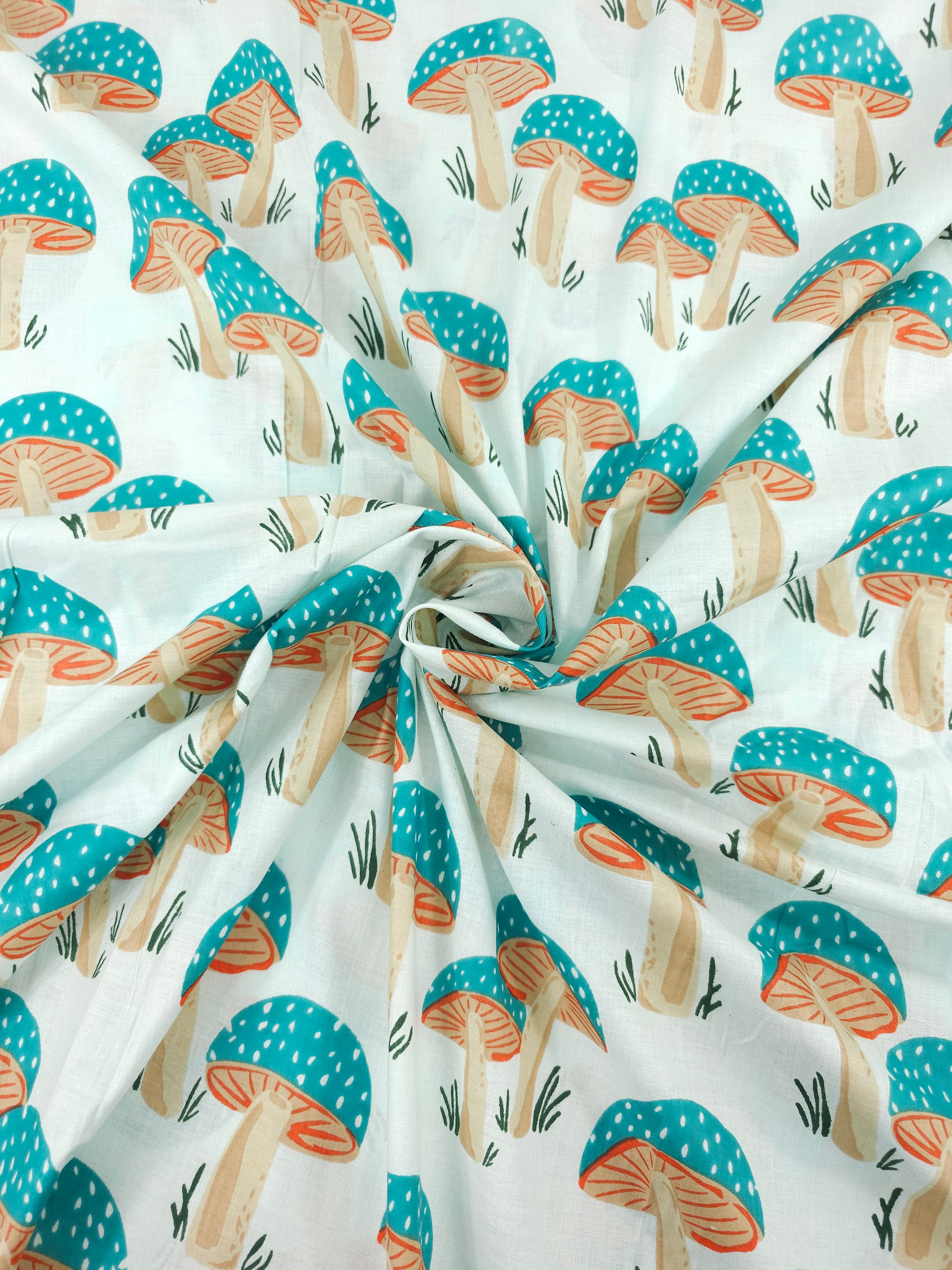 Light Teal Mushroom Block Print Cotton
