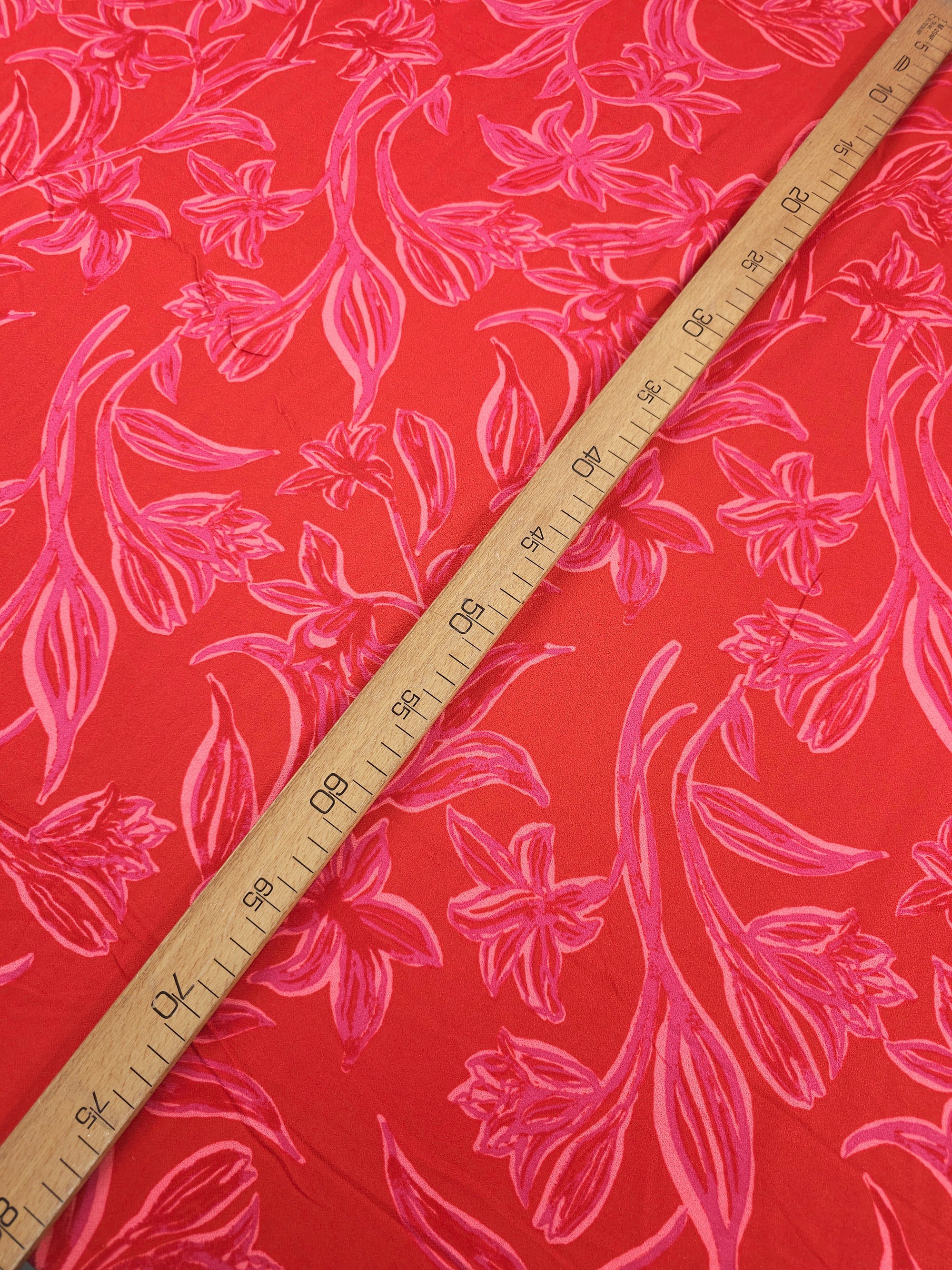 Red/Pinky Mauve Floral Leaf Viscose Challis