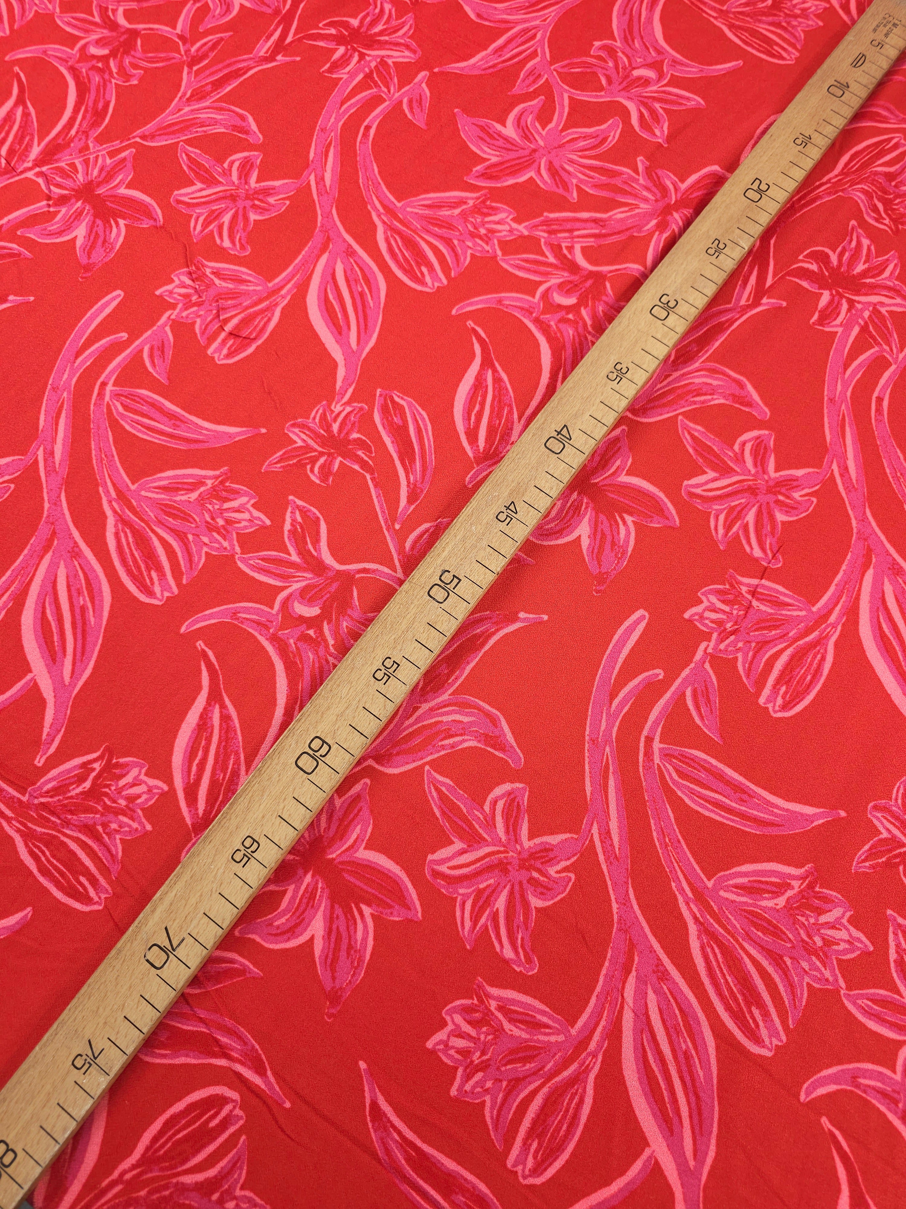 Red/Pinky Mauve Floral Leaf Viscose Challis