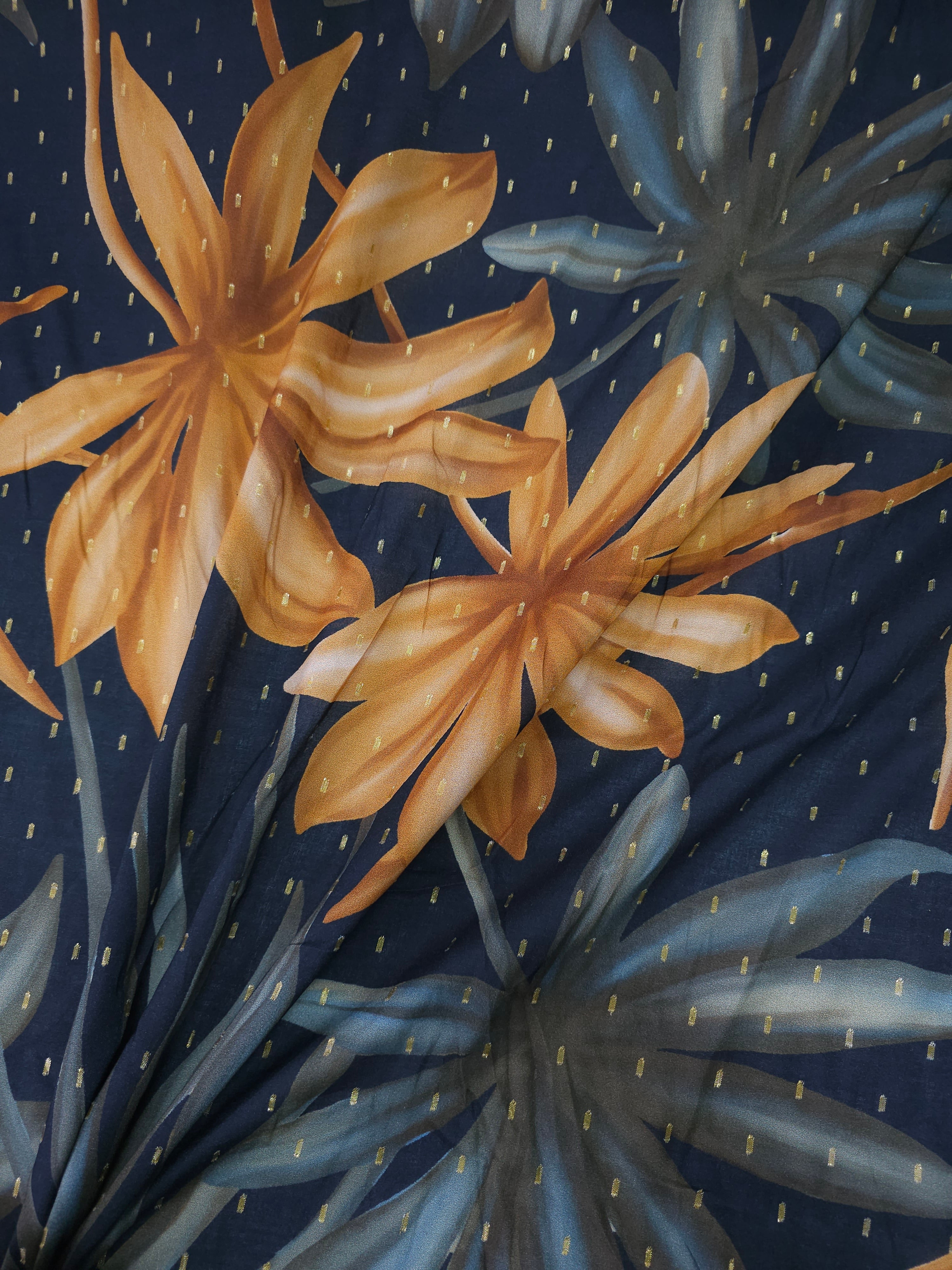 Navy Large Floral Twine Lurex Viscose