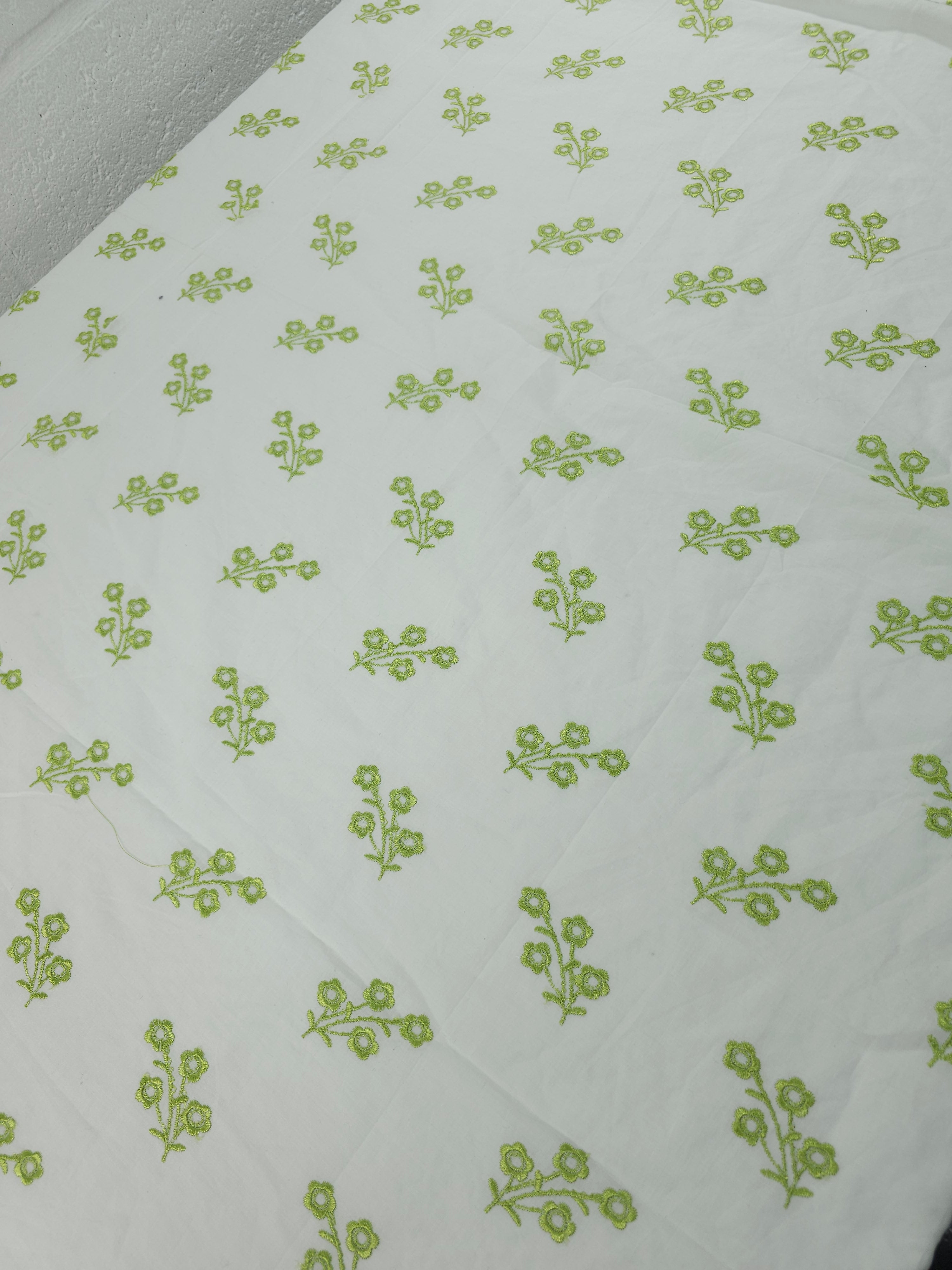 Lime Green Flower Stems Cotton Poplin Broderie Anglaise
