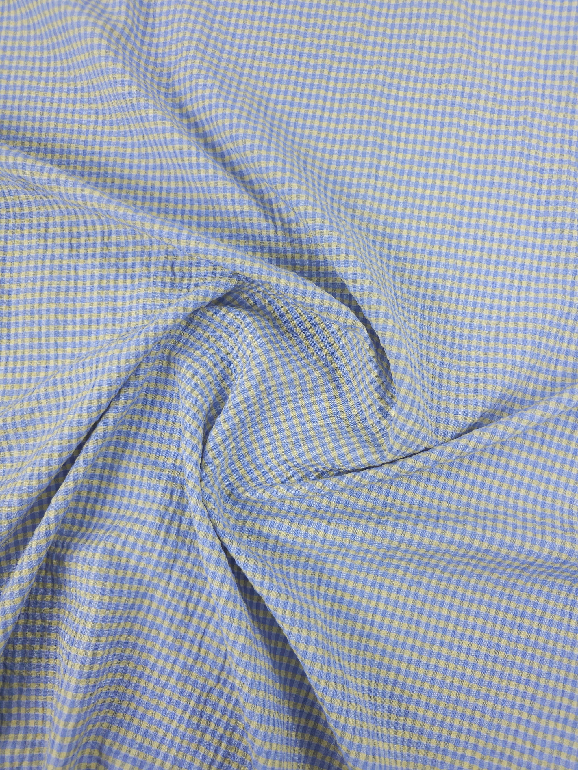 Baby Blue/Yellow Mini Gingham Crinkle Poly Cotton