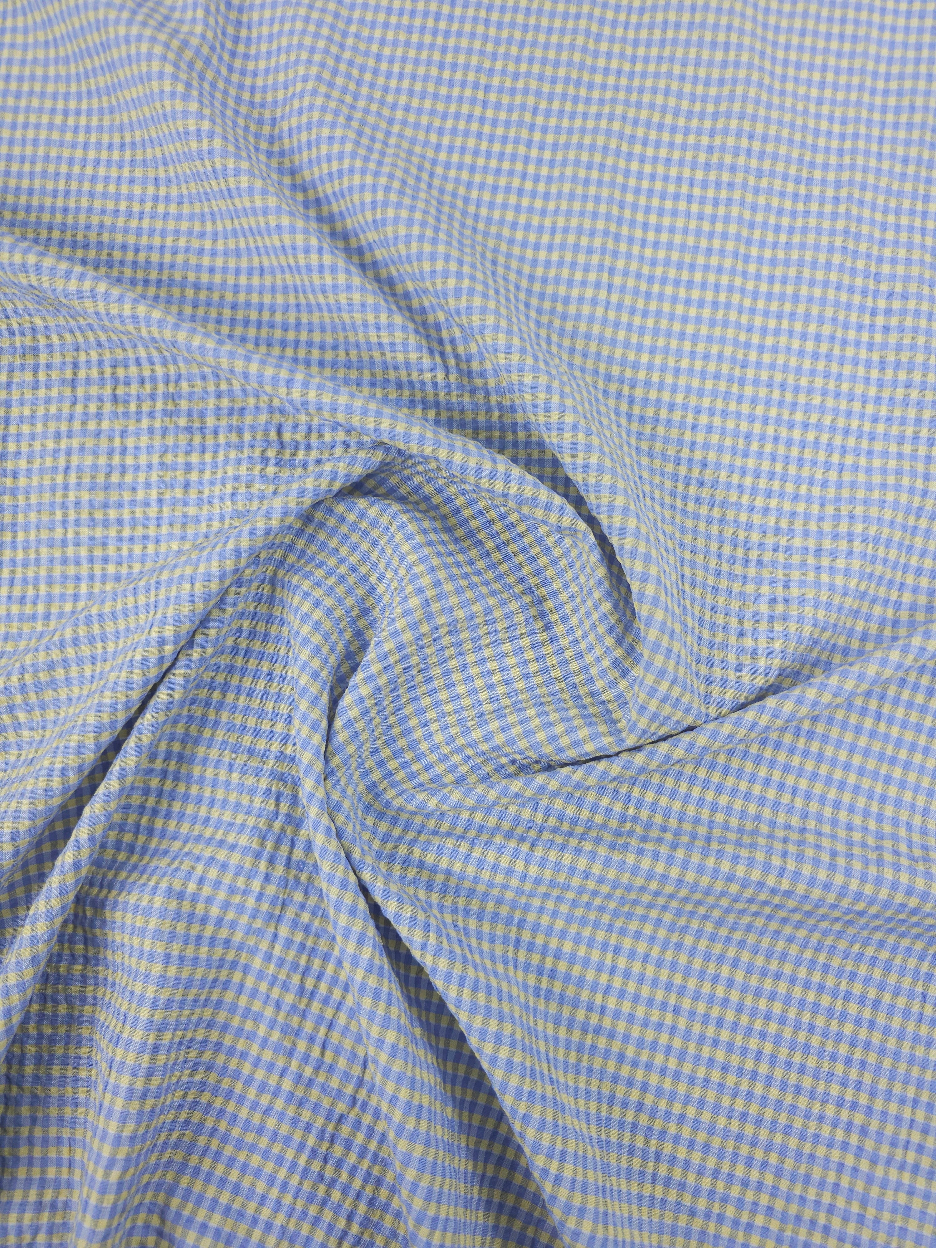 Baby Blue/Yellow Mini Gingham Crinkle Poly Cotton