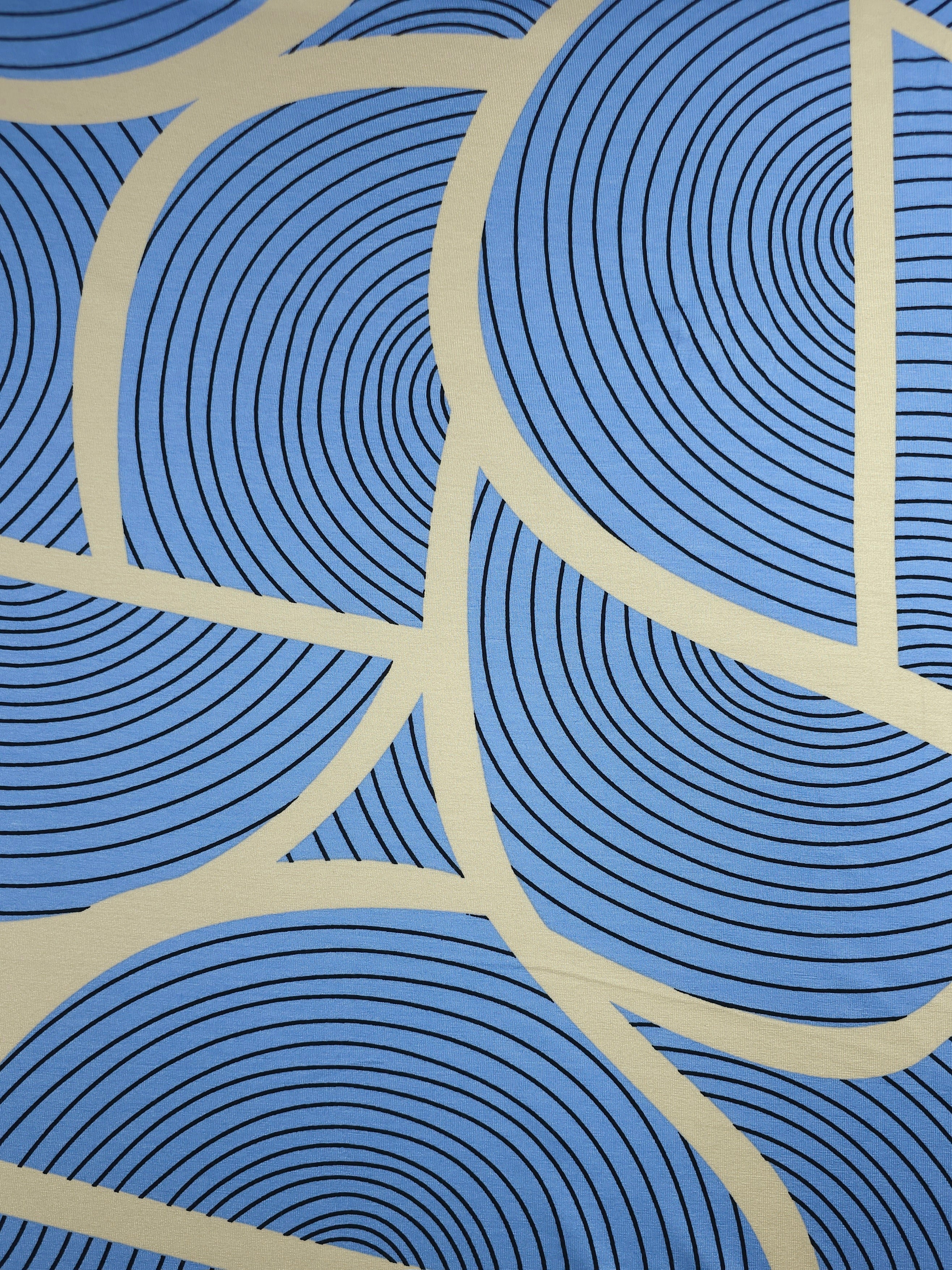 Powder Blue/Cream Abstract Striped Curve Viscose Jersey