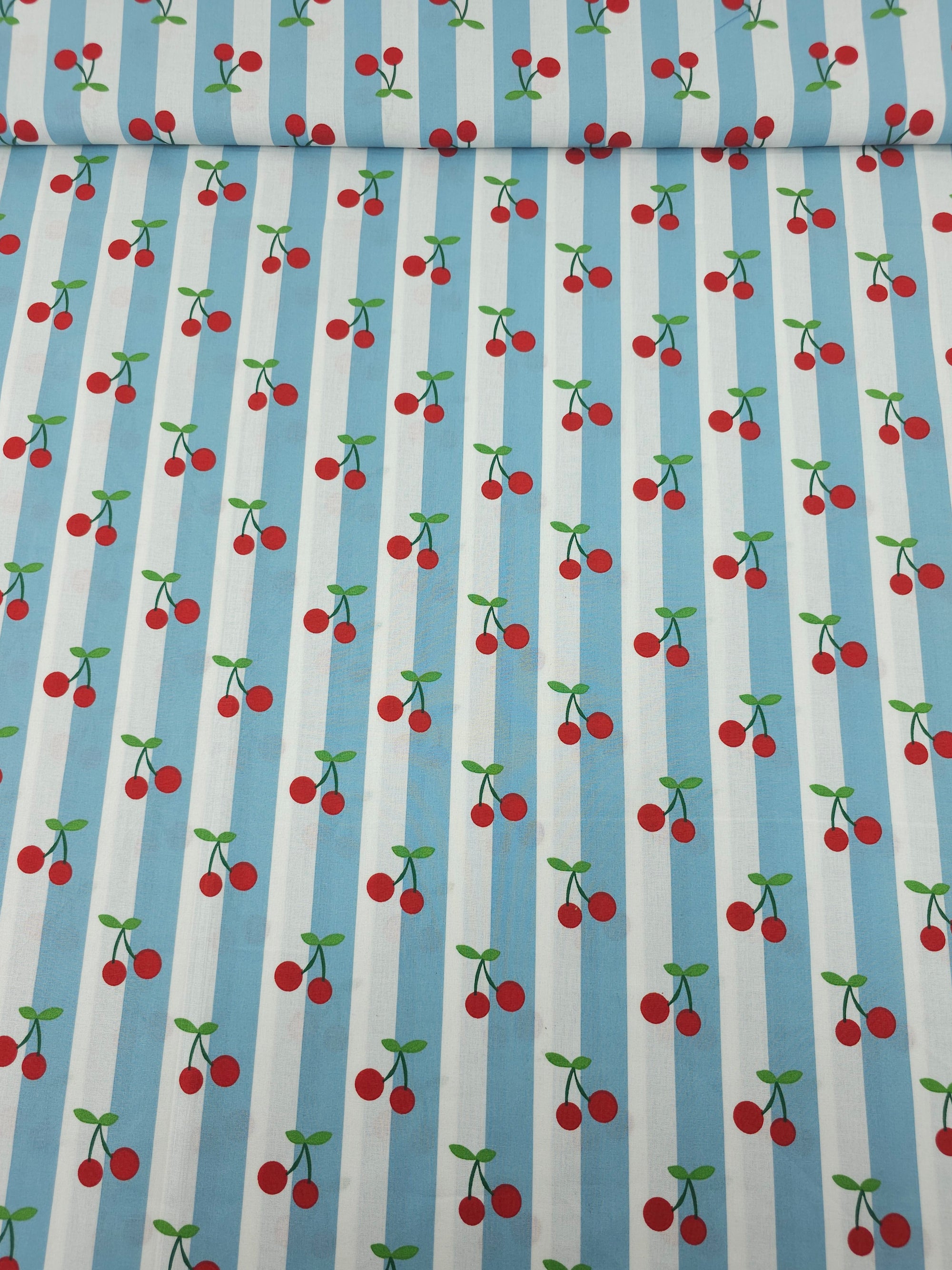 Duck Egg Blue Cherry Stripe Lightweight Cotton 57"