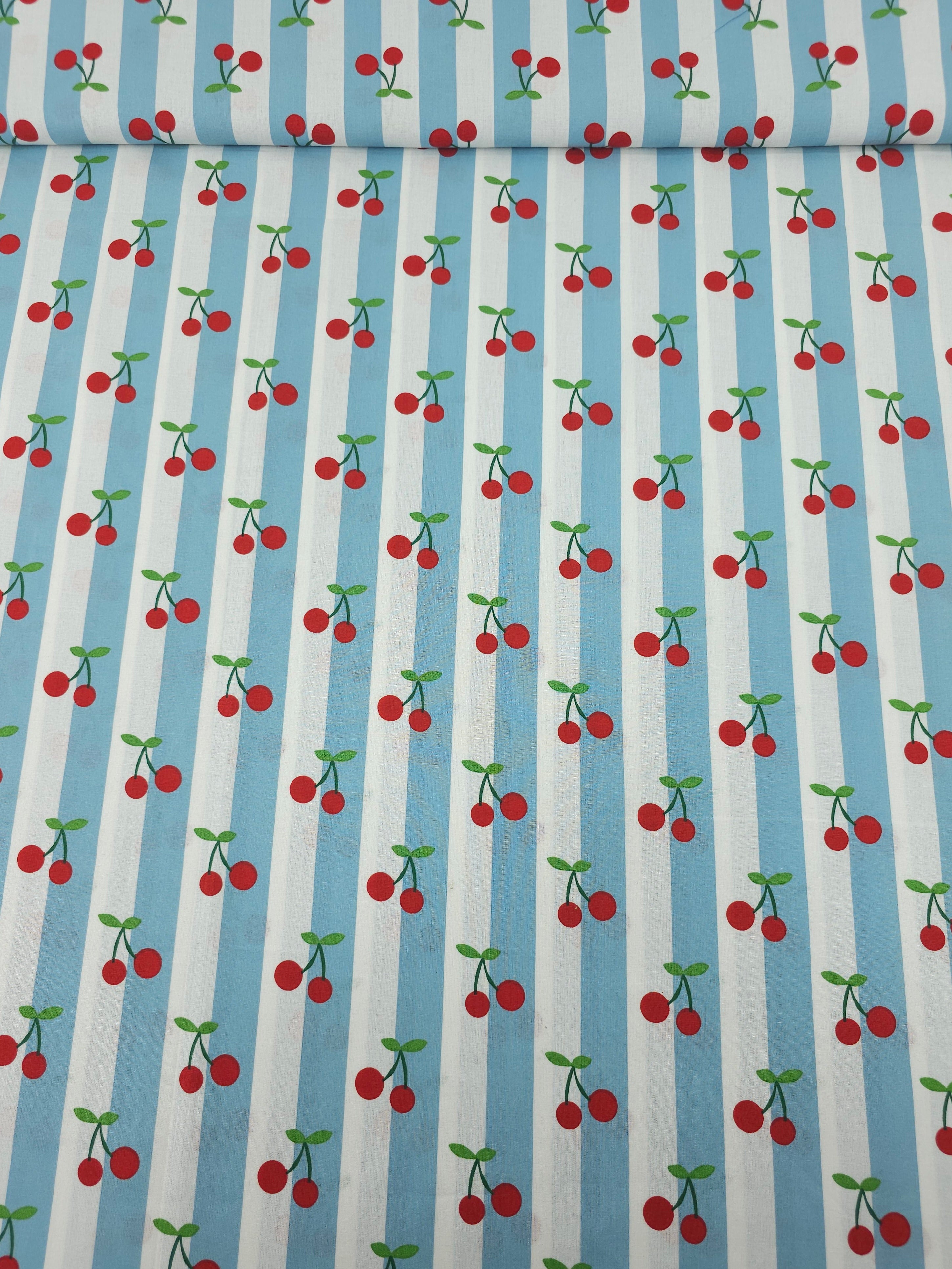 Duck Egg Blue Cherry Stripe Lightweight Cotton 57"