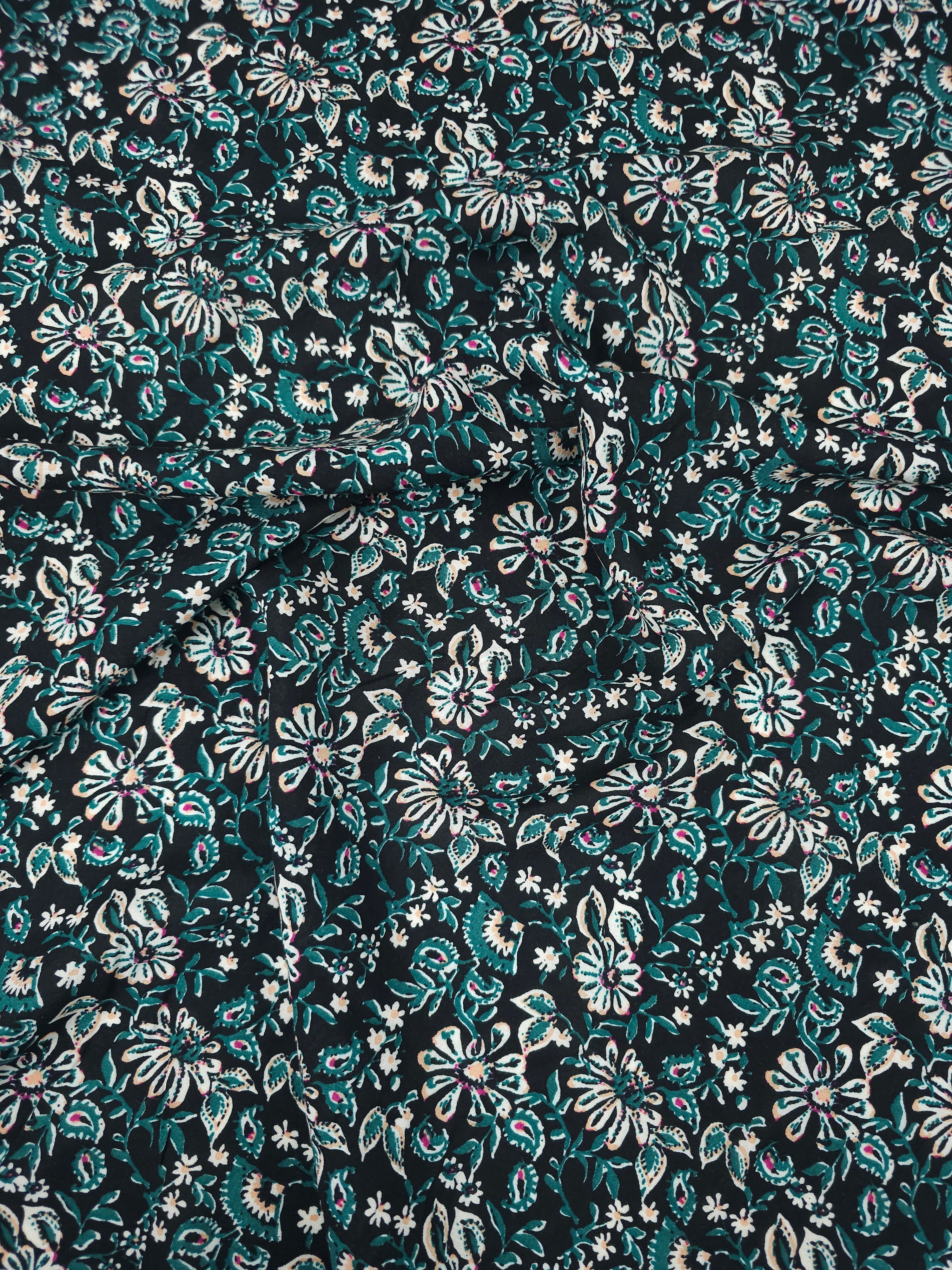 Peach/Dark Green Floral Paisley Viscose Challis