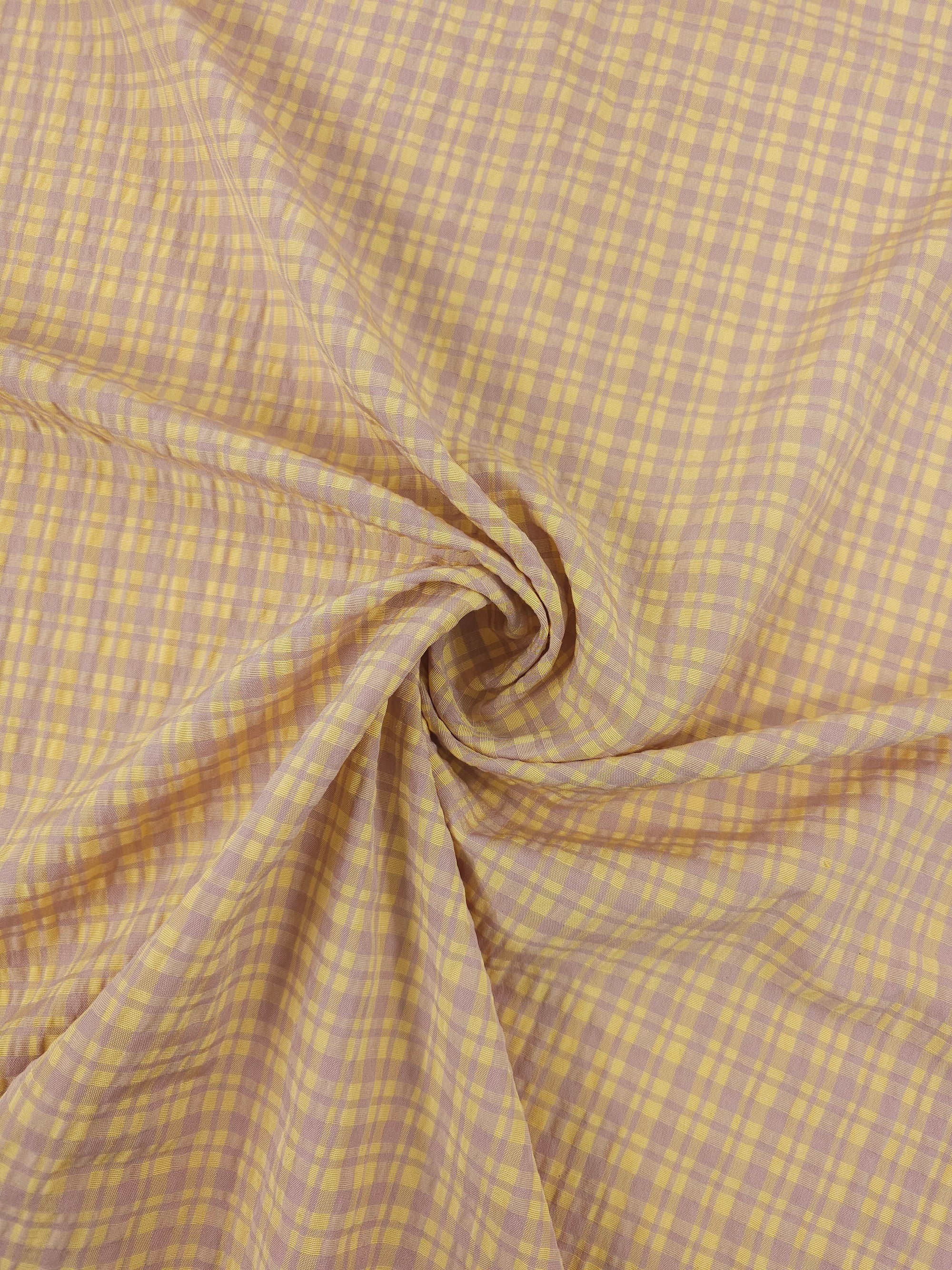 Mauve/Yellow Tartan Crinkle Cotton