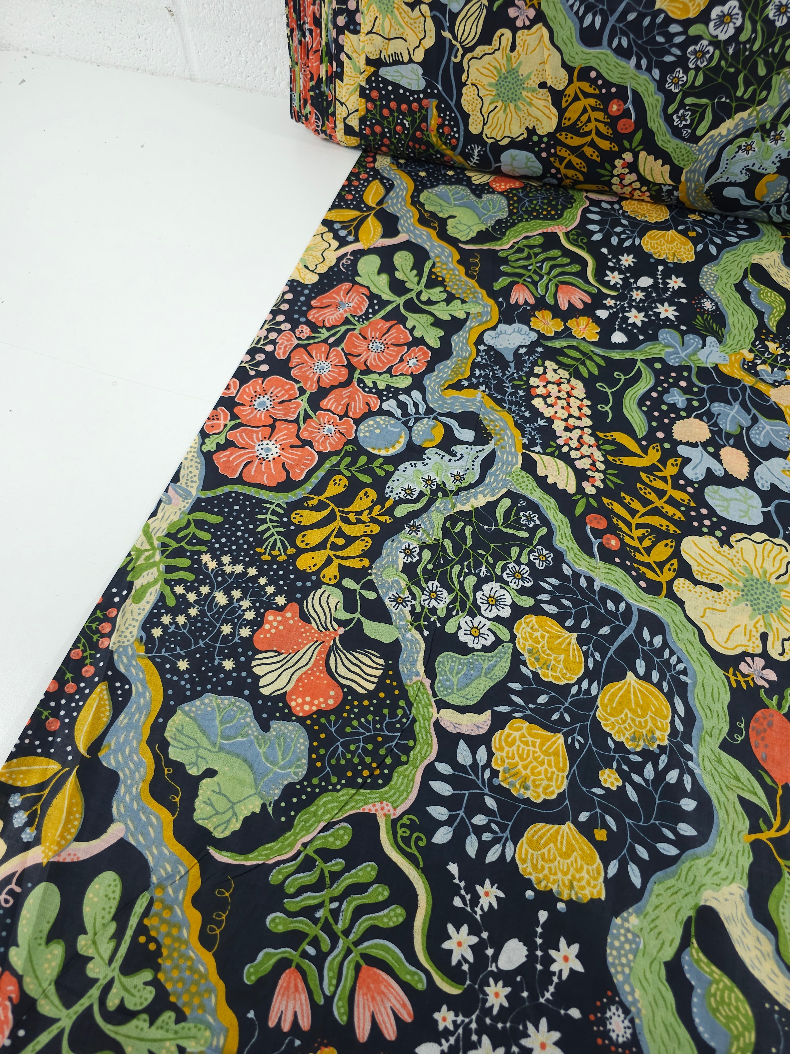 Dark Navy Floral Whirl Garden Cambric Cotton