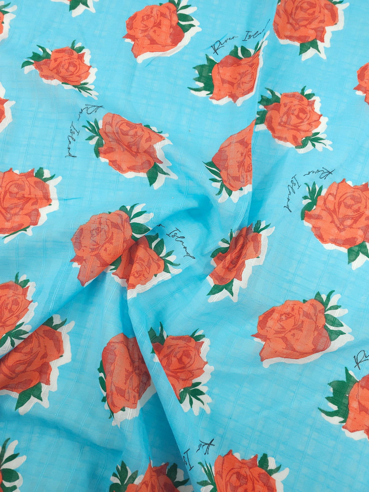 Light Blue/Red Rose Grid Textured Lightweight Cotton - River Island