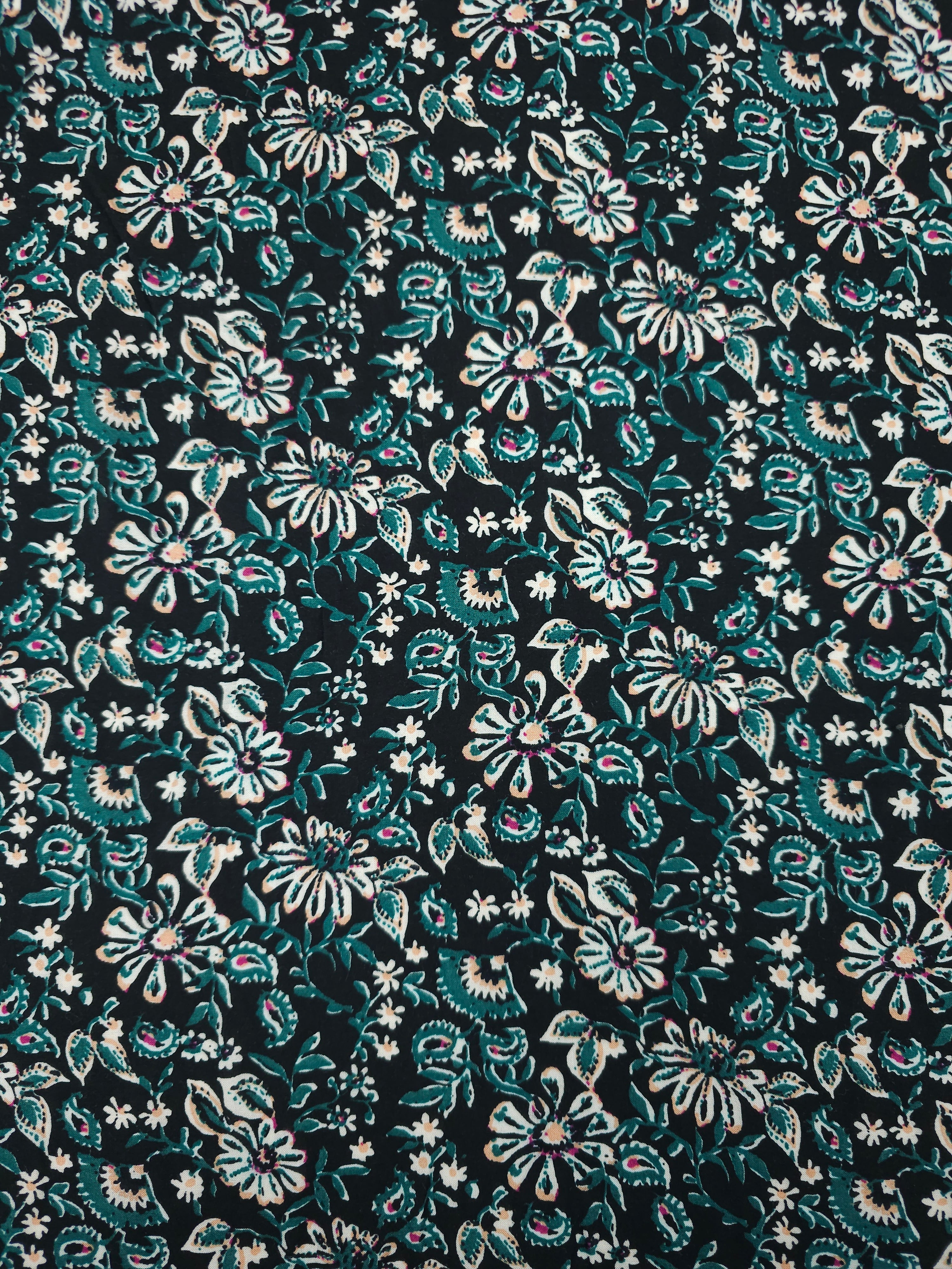 Peach/Dark Green Floral Paisley Viscose Challis