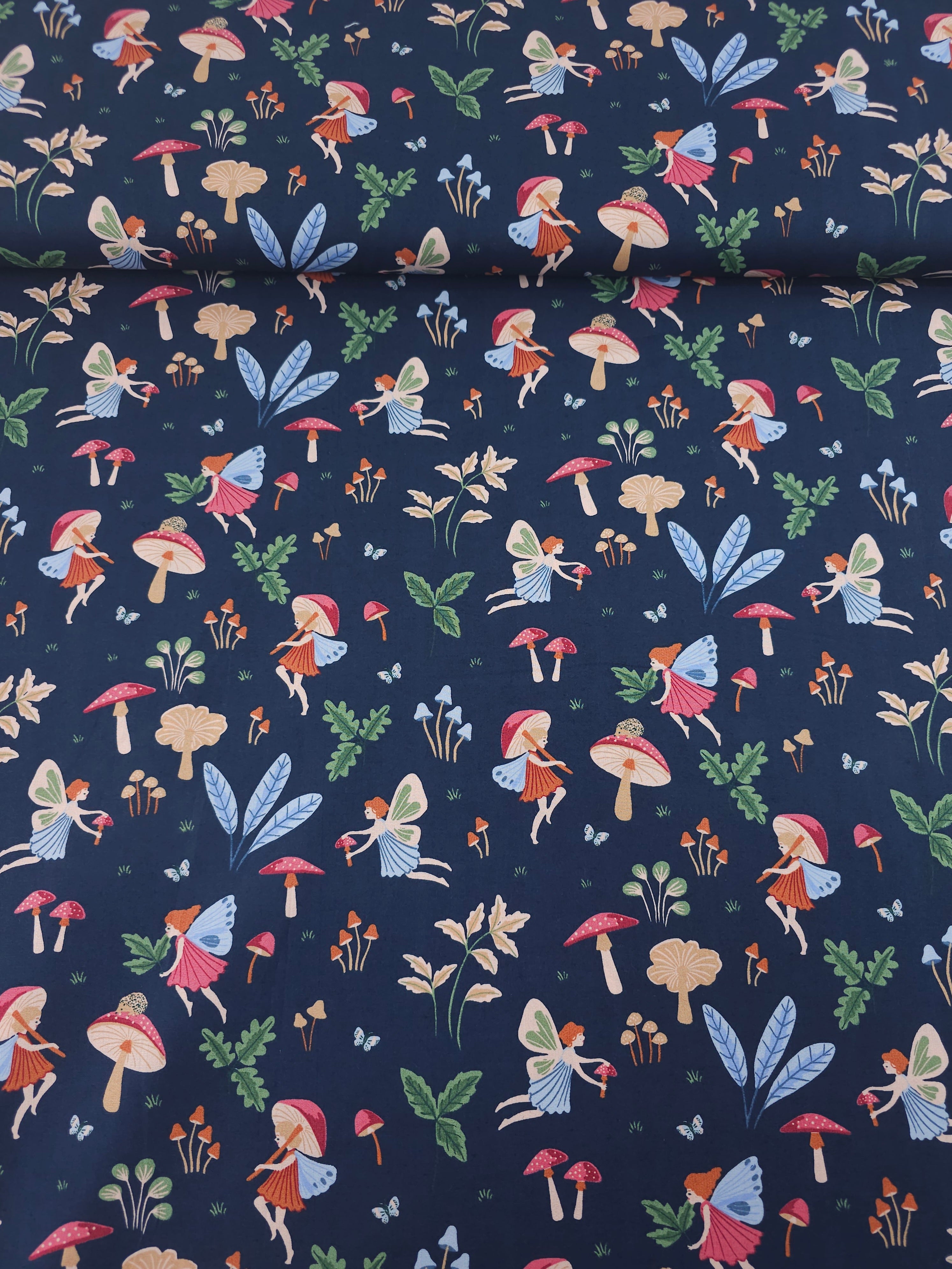 Navy Mushroom Fairy Garden 100% Cotton 57"