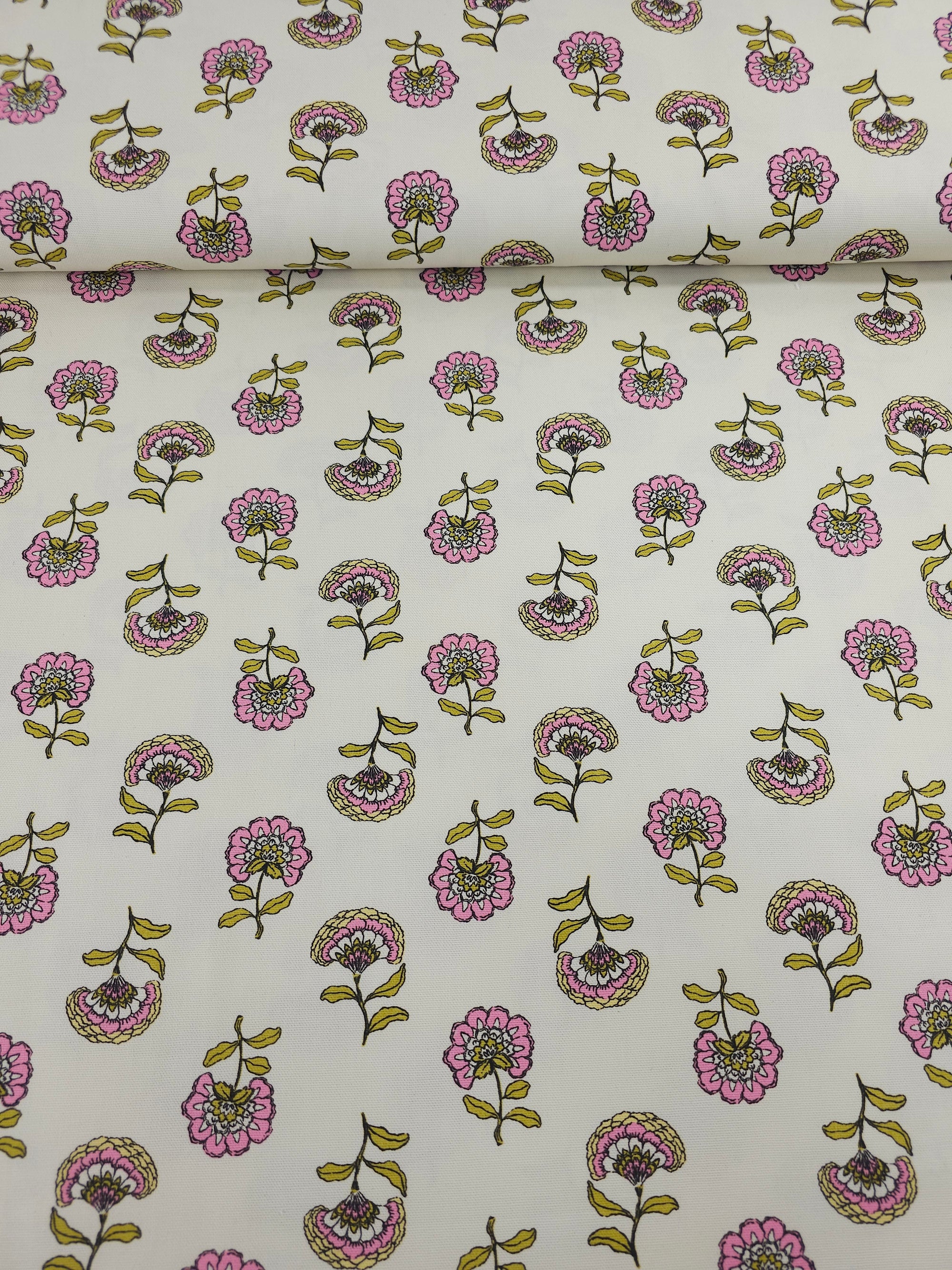 Mustard/Pink Floating Flowers Lightweight Canvas Cotton