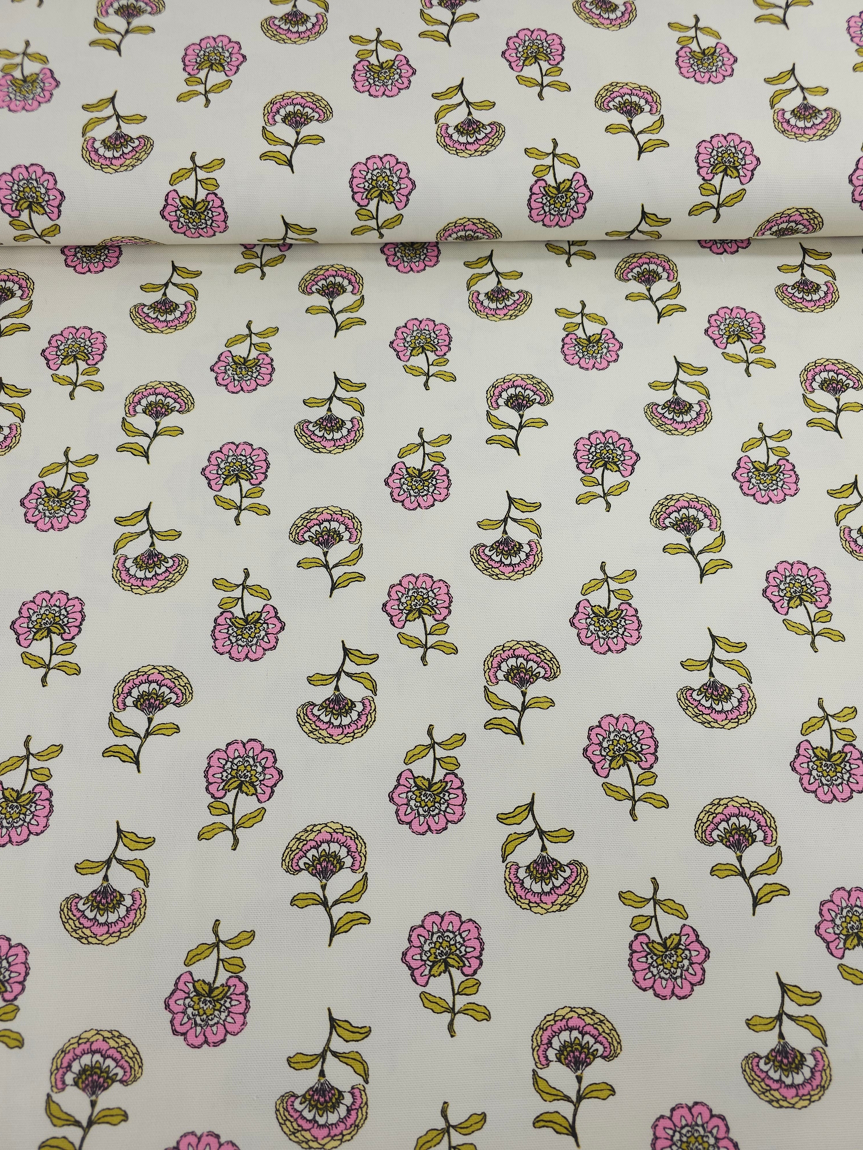 Mustard/Pink Floating Flowers Lightweight Canvas Cotton