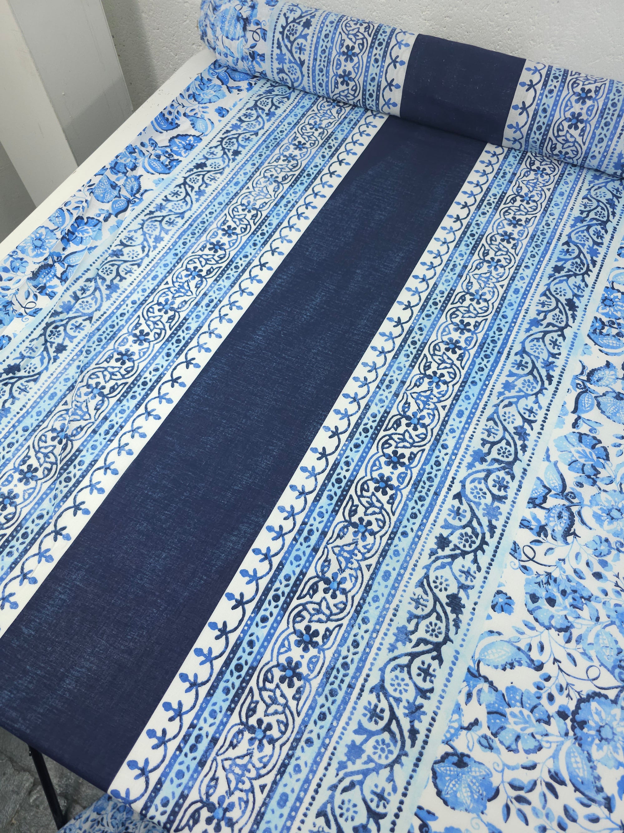 Blue/Navy Washed Floral Stripe Lightweight Cotton